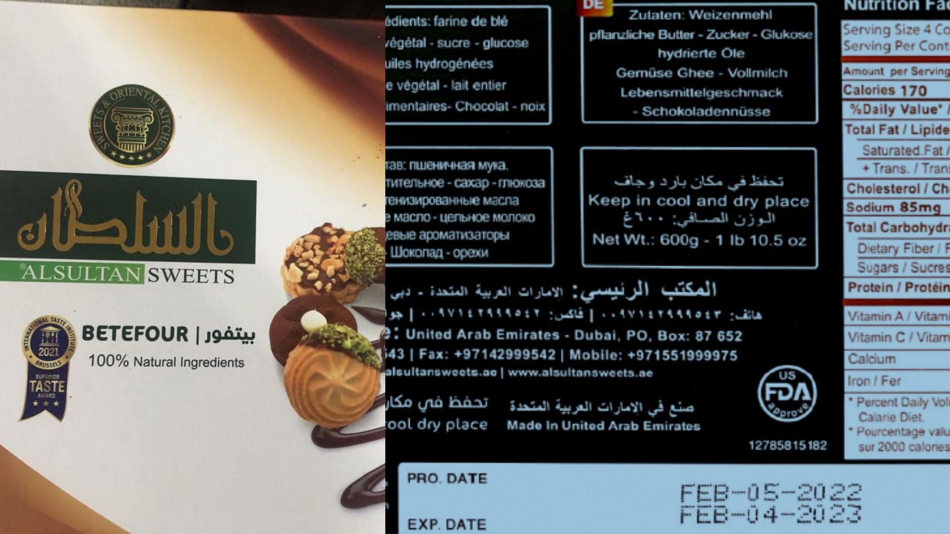 recalled package of Al Sultan Betefour (Image via FDA)