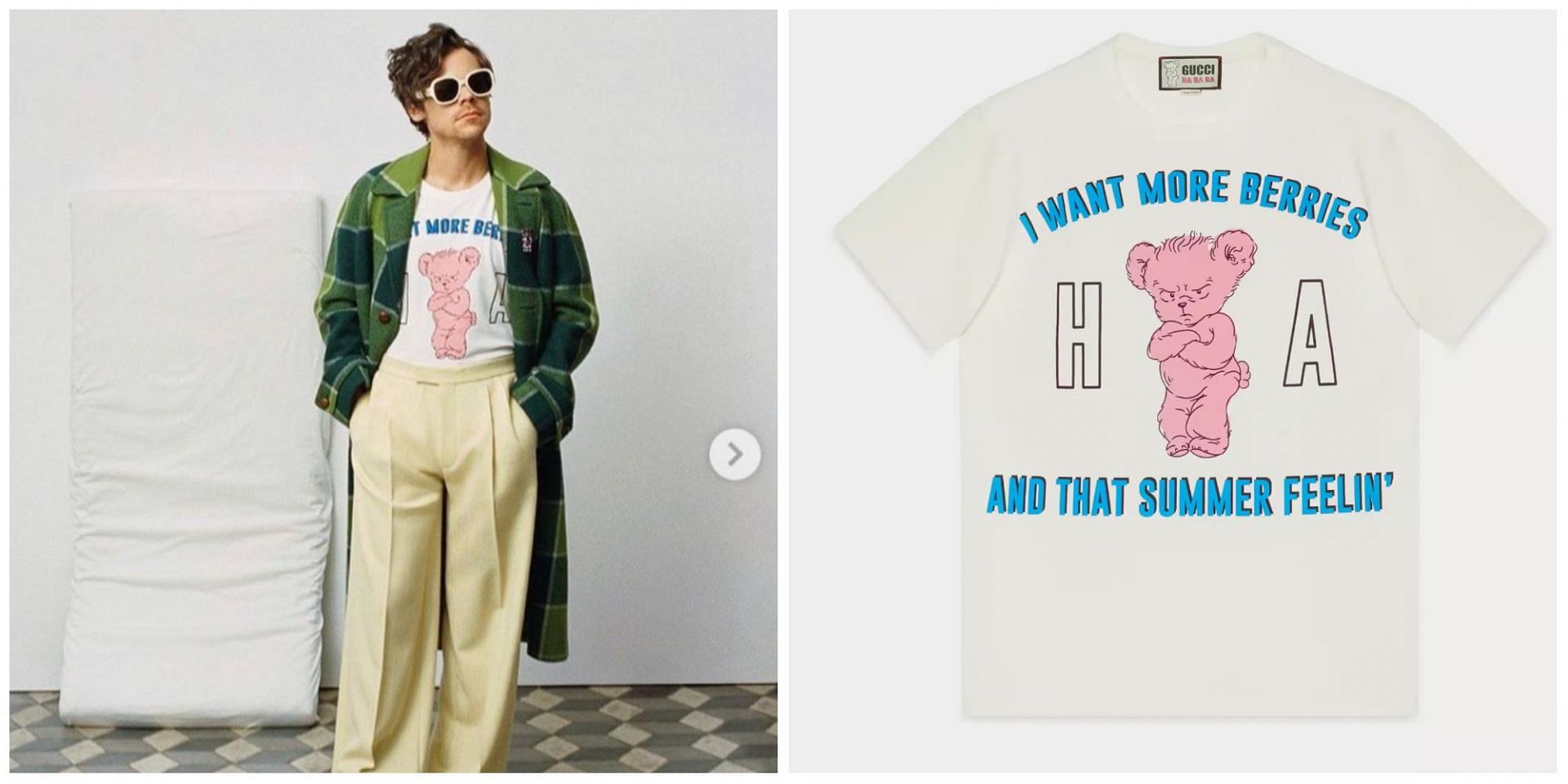 Harry Styles and Gucci slammed after the brand ad featured the singer wearing a Teddy Bear T-Shirt, and holding a kids mattress. (Image via Gucci/ Instagram)
