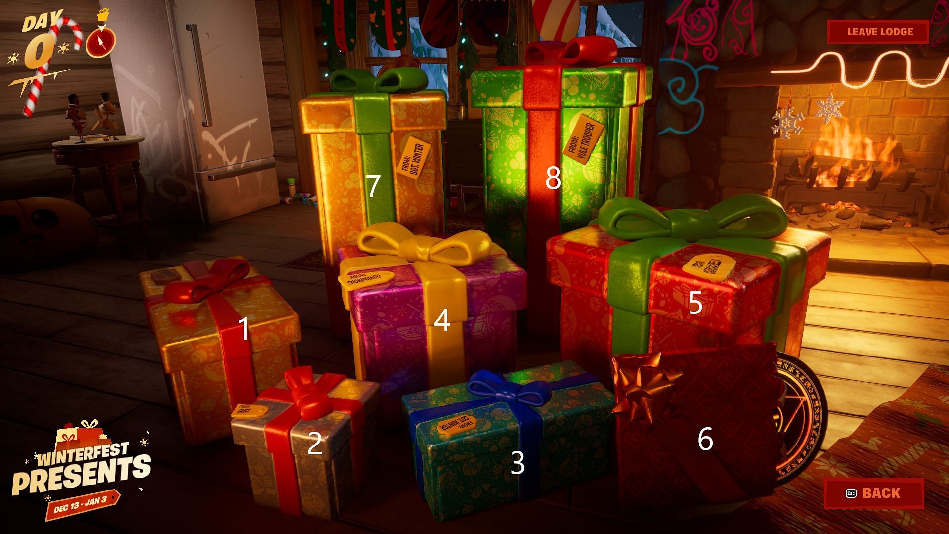 Eight presents are located on the left-hand side of the room (Image via Epic Games)
