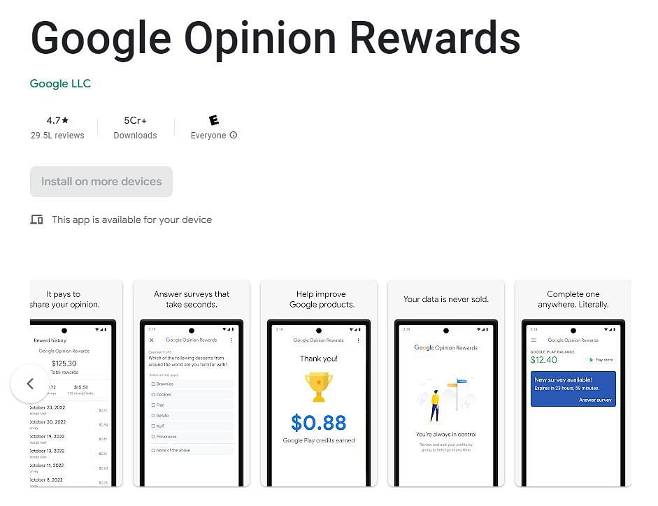 Google Opinion Rewards has more than five crore installations (Image via Google Play Store)