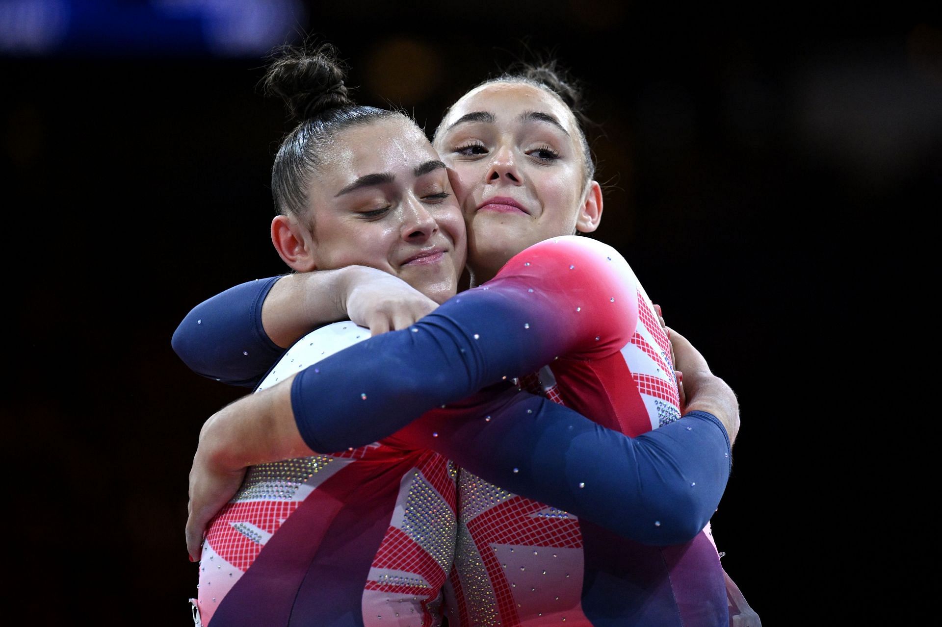 Jessica Gadirova and Jennifer Gadirova of Great Britain celebrate in the Women&#039;s Floor Exercise Final during the Artistic Gymnastics competition on day 4 of the European Championships Munich 2022