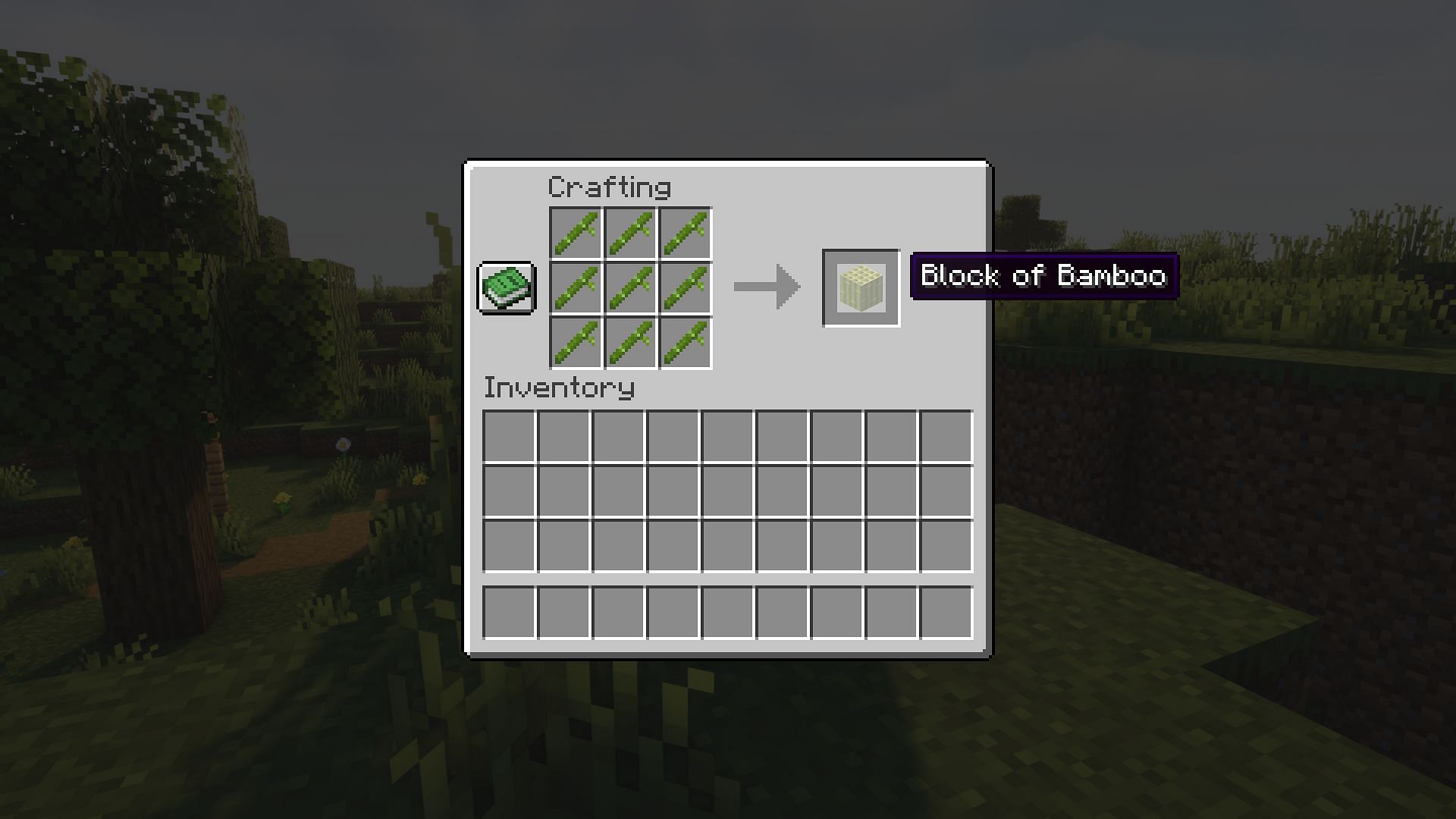 Crafting recipe for a block of bamboo in version 1.20 (Image via Mojang)