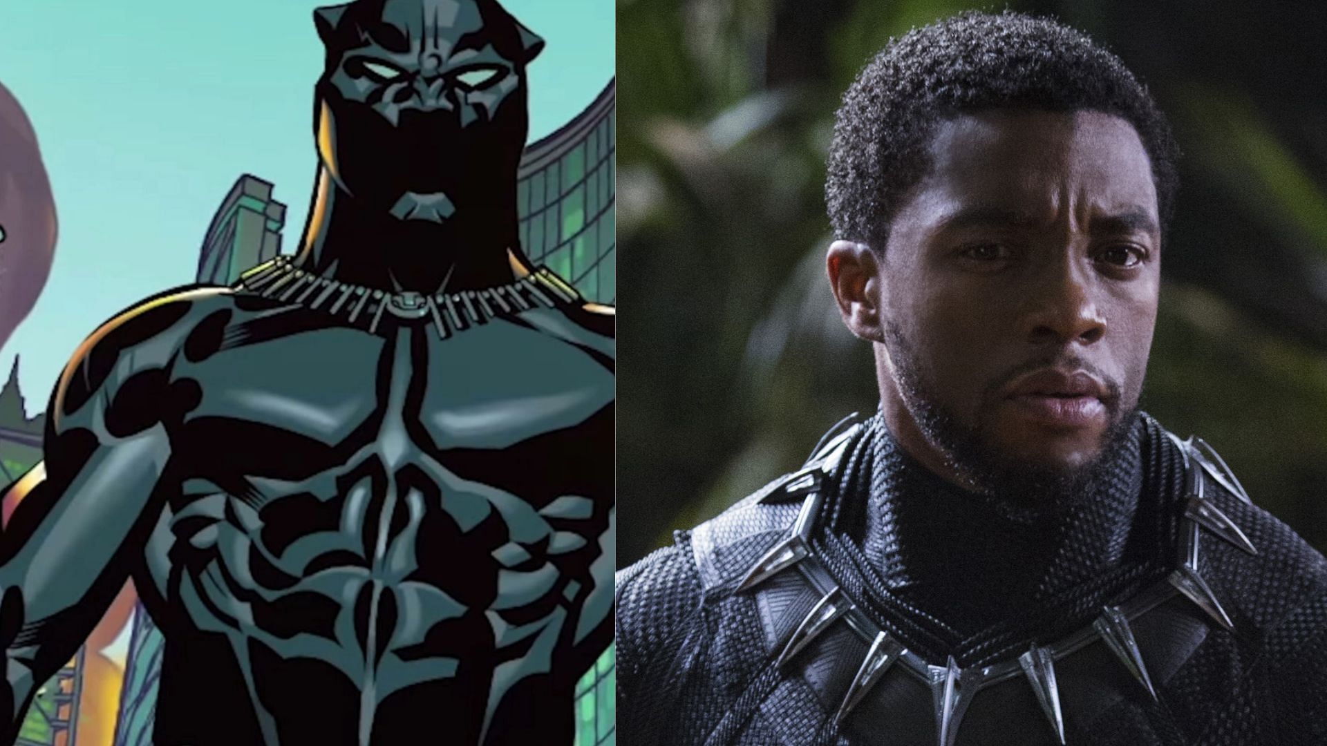 Left: Black Panther in comics, Right: Black Panther played by Chadwick Boseman in the MCU (Images via Marvel)