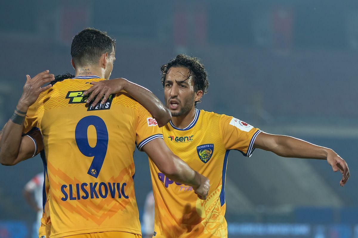 Abdenasser El Khayati and Petar Sliskovic celebrate after victory against NorthEast United FC.