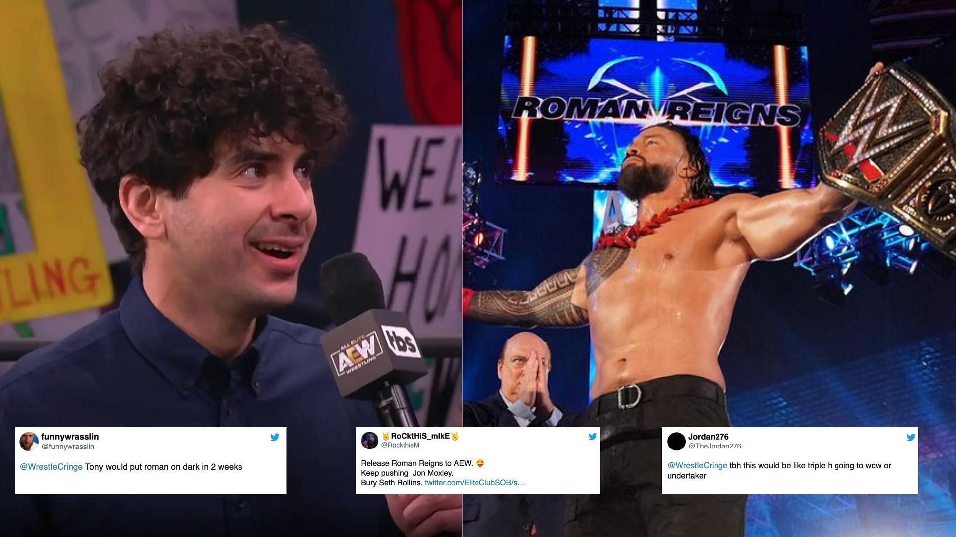 Tony Khan (left); Roman Reigns and Paul Heyman (right)