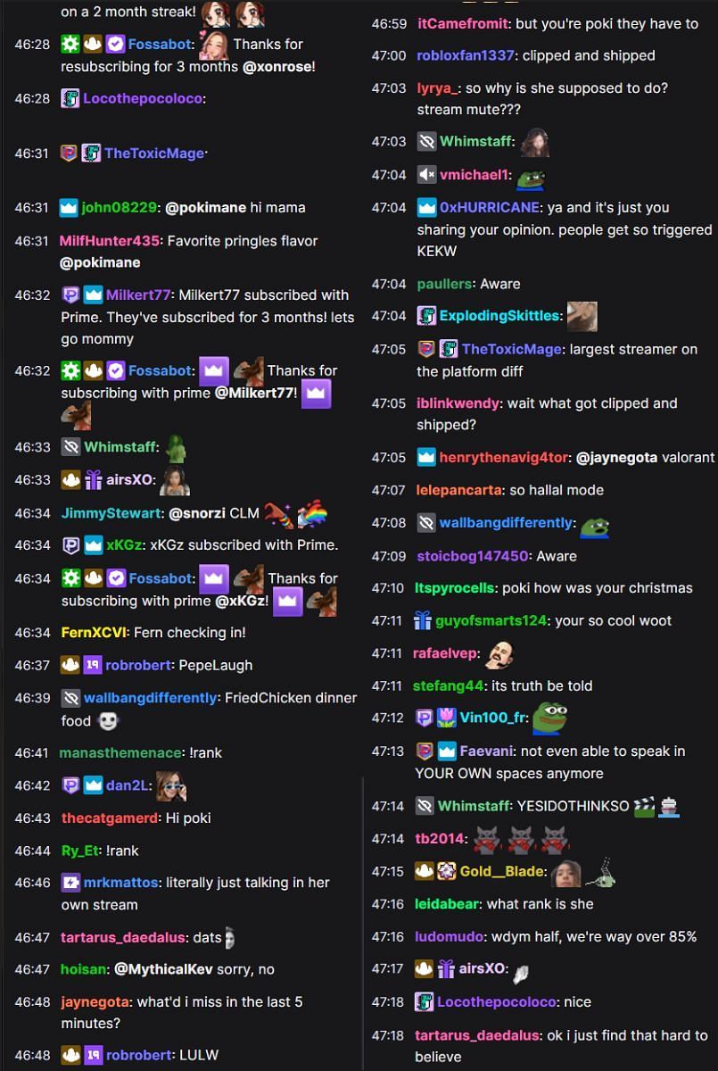 Fans in the Twitch chat reacting to the streamer&#039;s response (Image via Twitch)