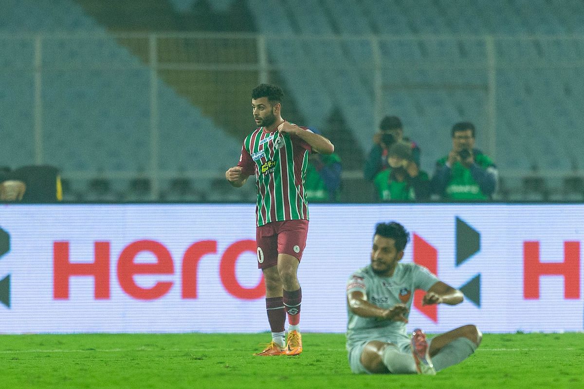 Hugo Boumous reacts after putting ATK Mohun Bagan 2-1 up against FC Goa. [Credits: ISL Media]