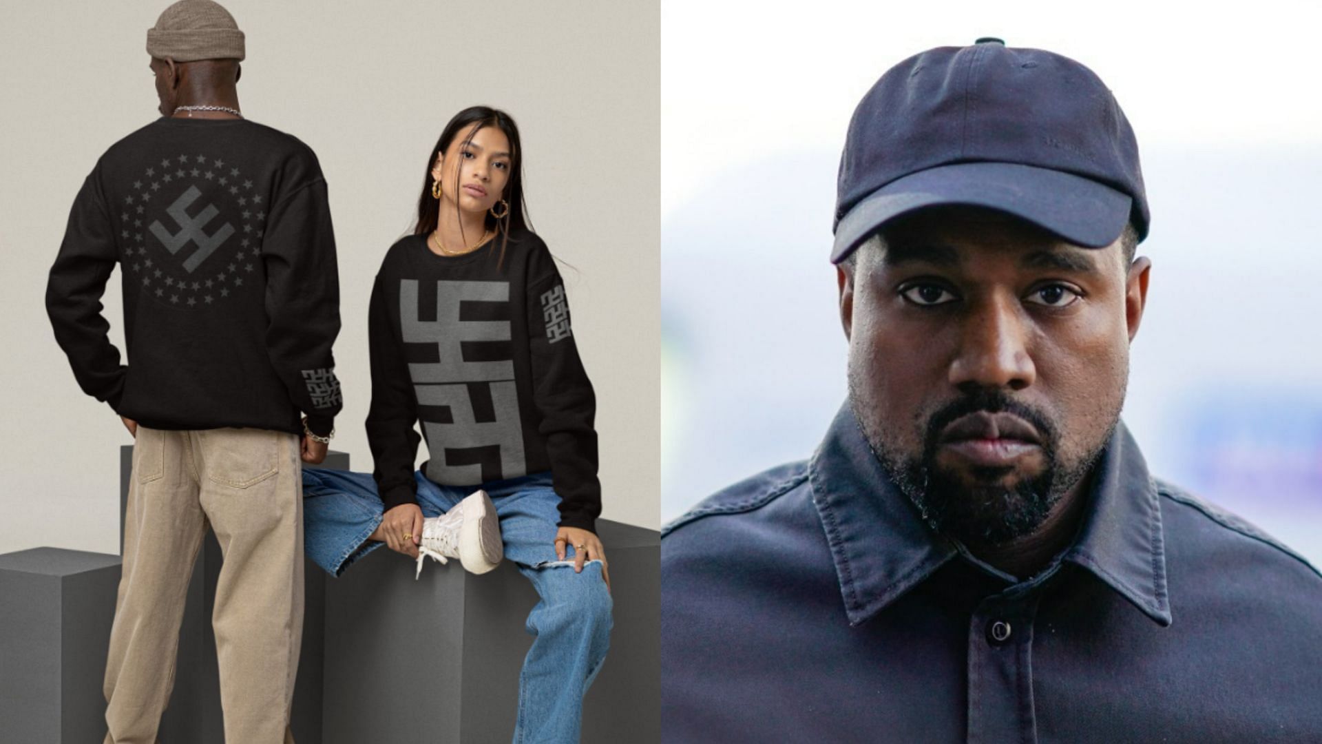 Fake Nazi sweatshirts allegedly designed by Kanye West go viral on social media (Image via FarAwayAndCozy/Twitter and AP)