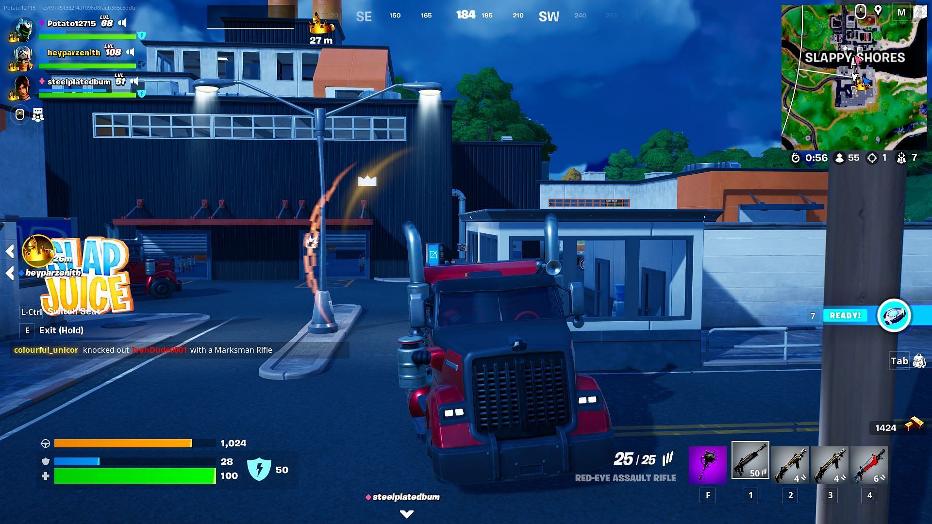 Get into the truck and switch over to the passenger seat (Image via Epic Games/Fortnite)