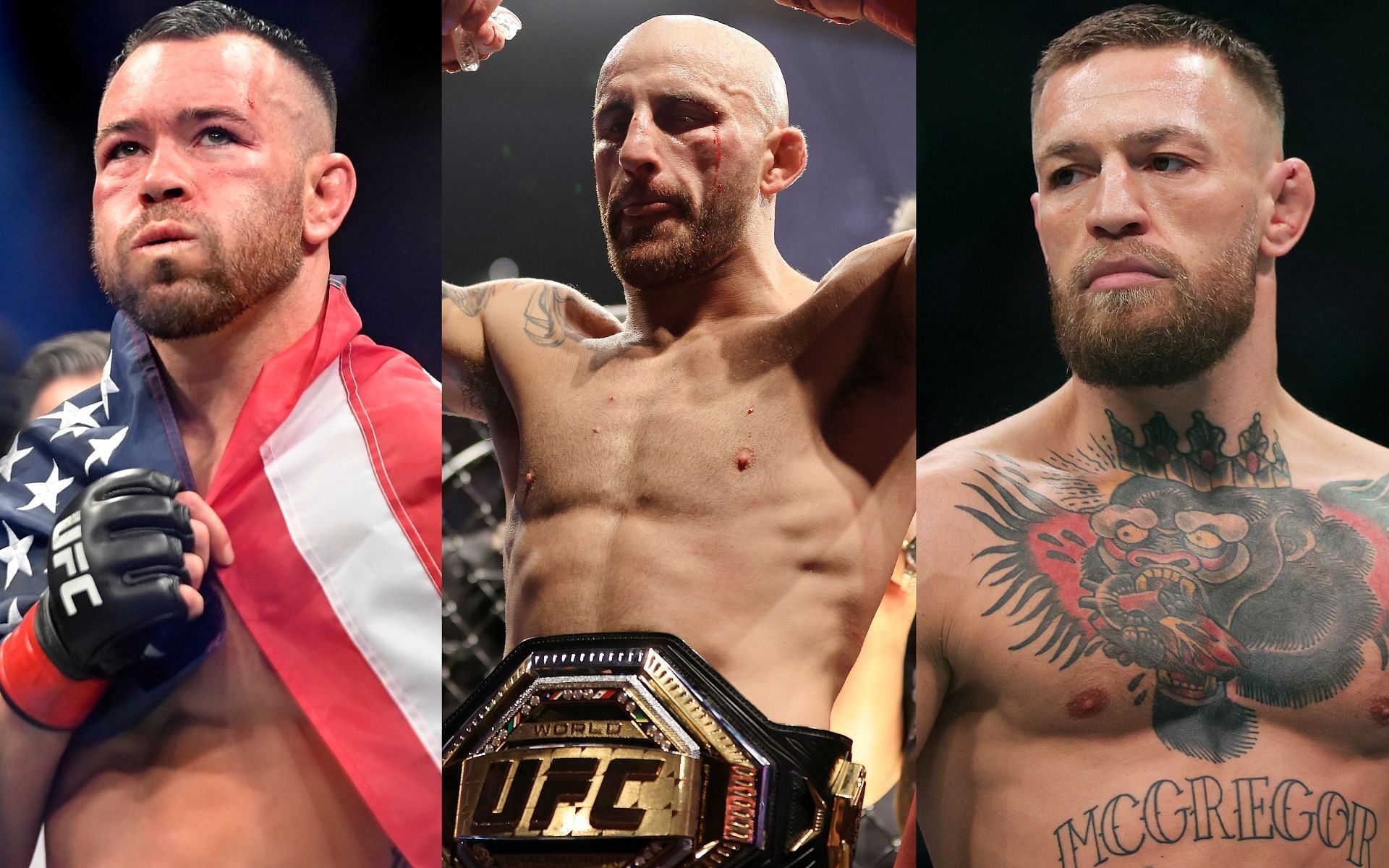 Colby Covington (left), Alexander Volkanovski (centre), Conor McGregor (right)