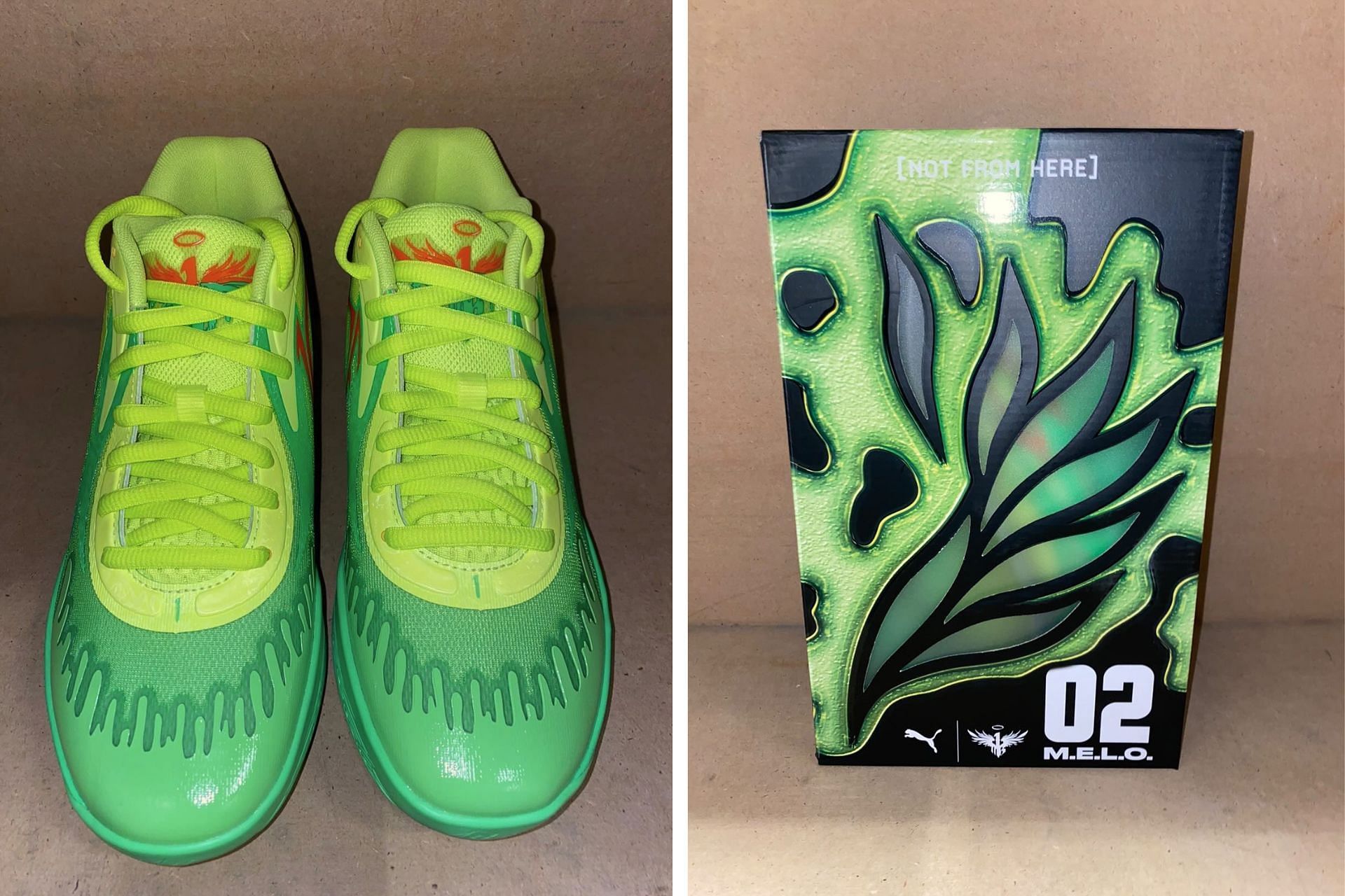 Take a closer look at the shoes and customized shoe box of the upcoming PUMA MB.02 Slime sneaker (Image via