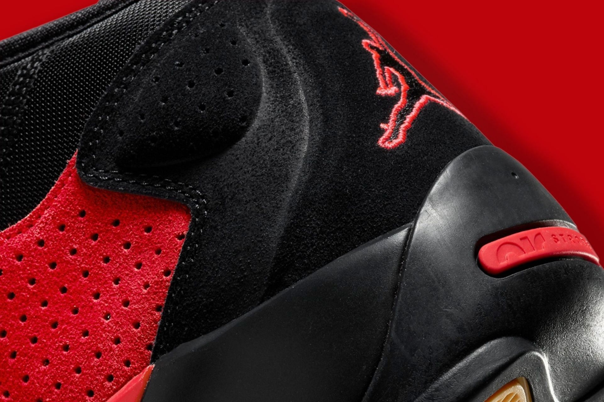 Take a closer look at the heel counter of the arriving Red Suede shoes (Image via Nike)
