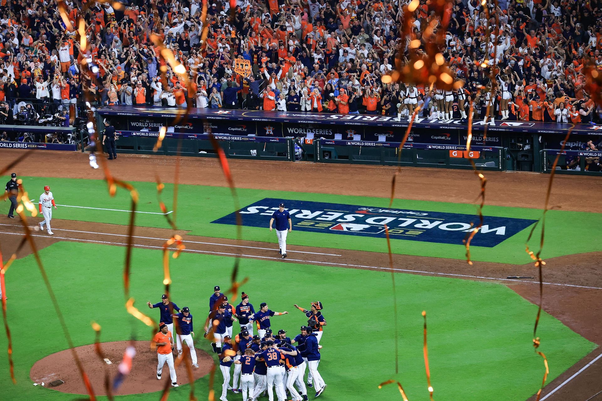The Houston Astros celebrate after defeating the Philadelphia Phillies 4-1 to win the 2022 World Series