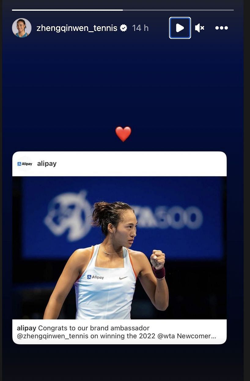 Zheng Qinwen's Instagram story after being named the Newcomer of the Year at the 2022 WTA Awards.