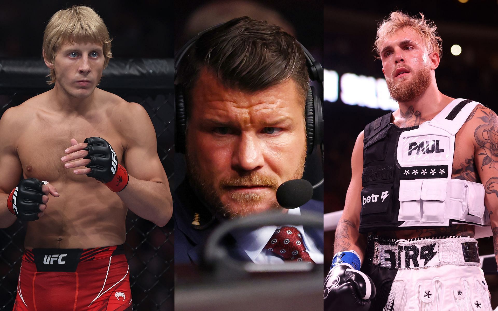 Paddy Pimblett (left), Michael Bisping (center), and Jake Paul (right). [via Getty Images]
