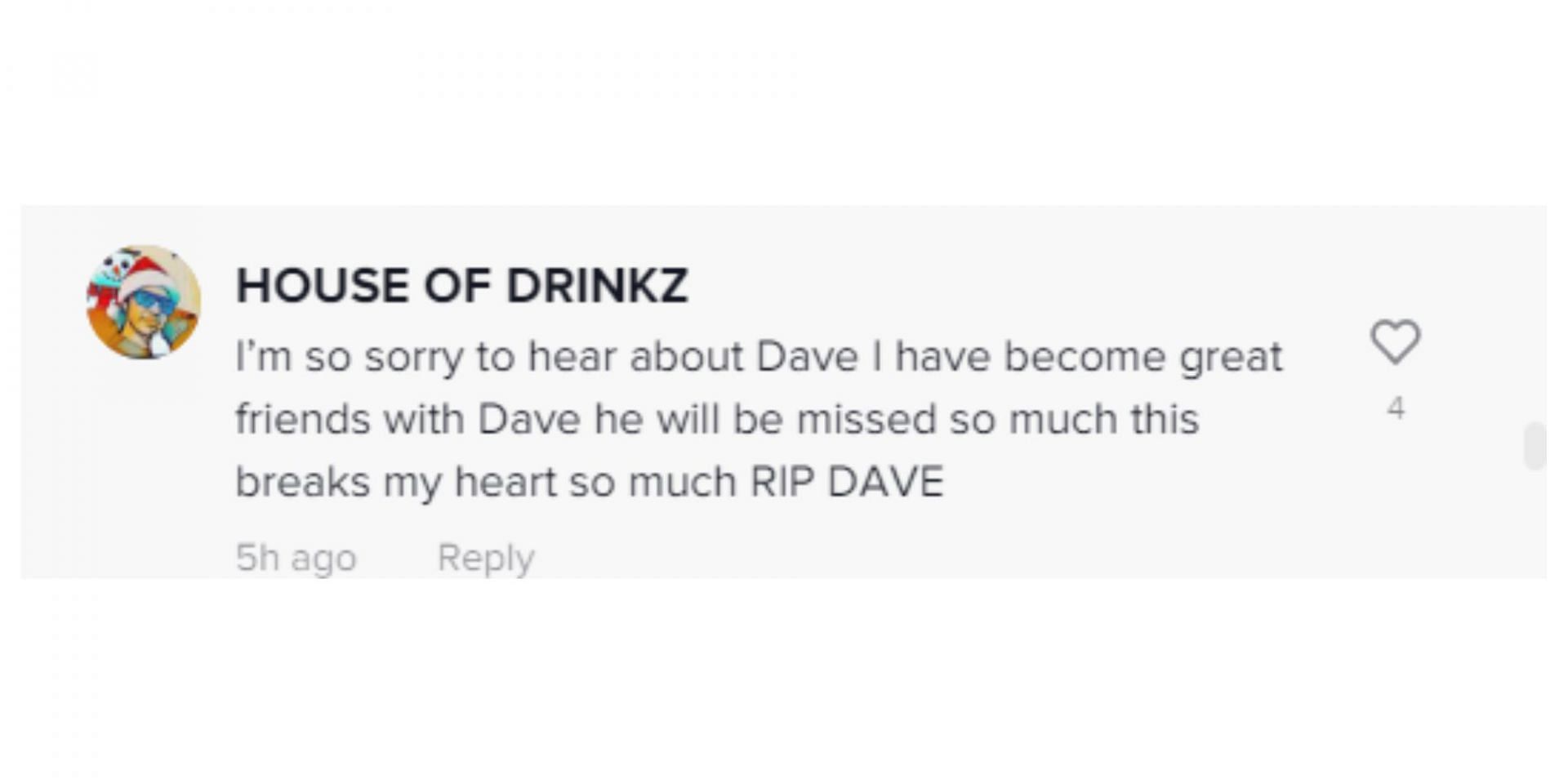 Screenshot of a TikTok user reacting to the news of Dave&#039;s demise (Image via TikTok/@houseofdrinkz)