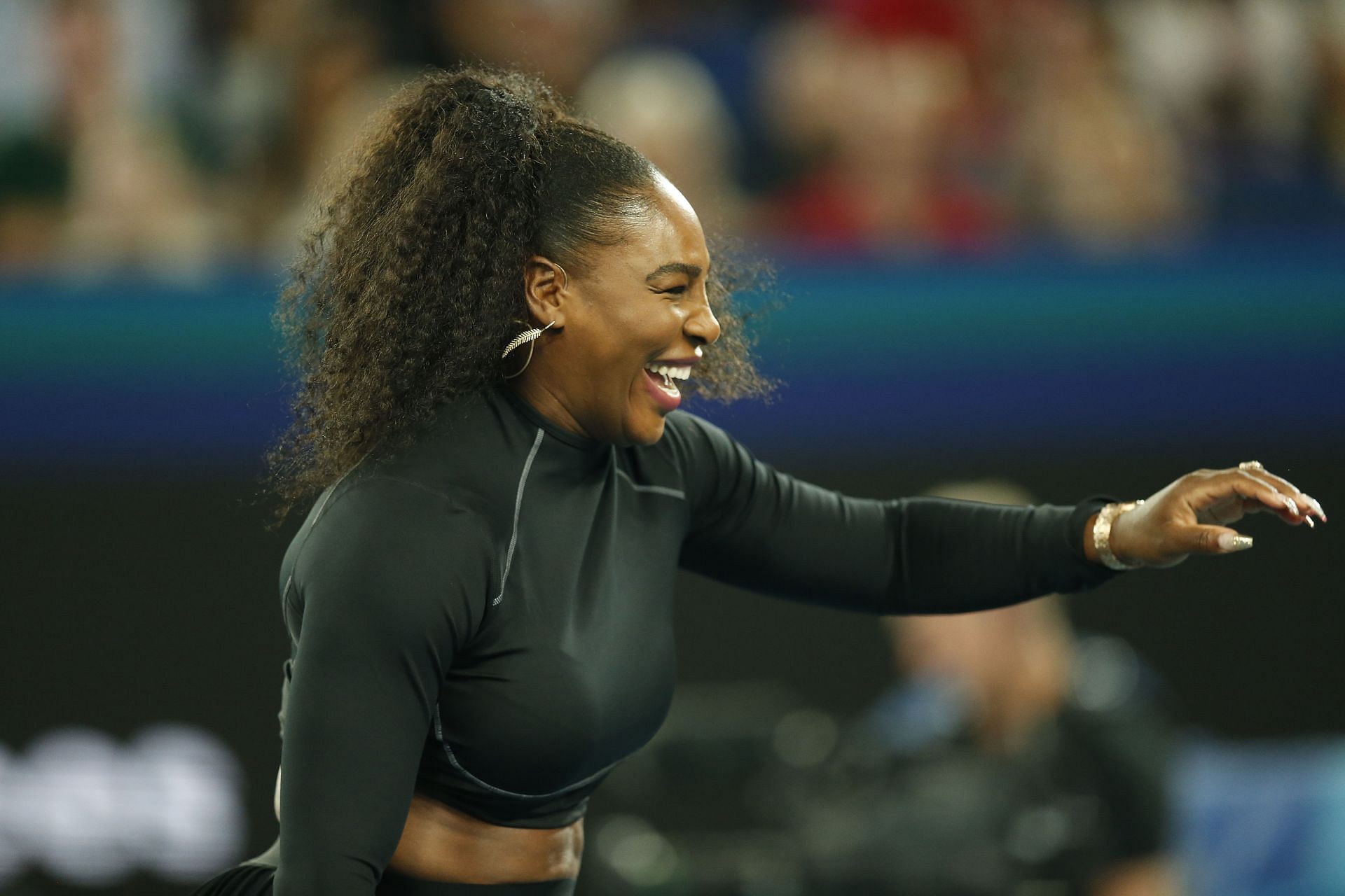 Serena Williams reacts during the Tennis Rally for Relief at the Australian Open.