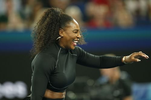 Serena Williams reacts during the Tennis Rally for Relief at the Australian Open.