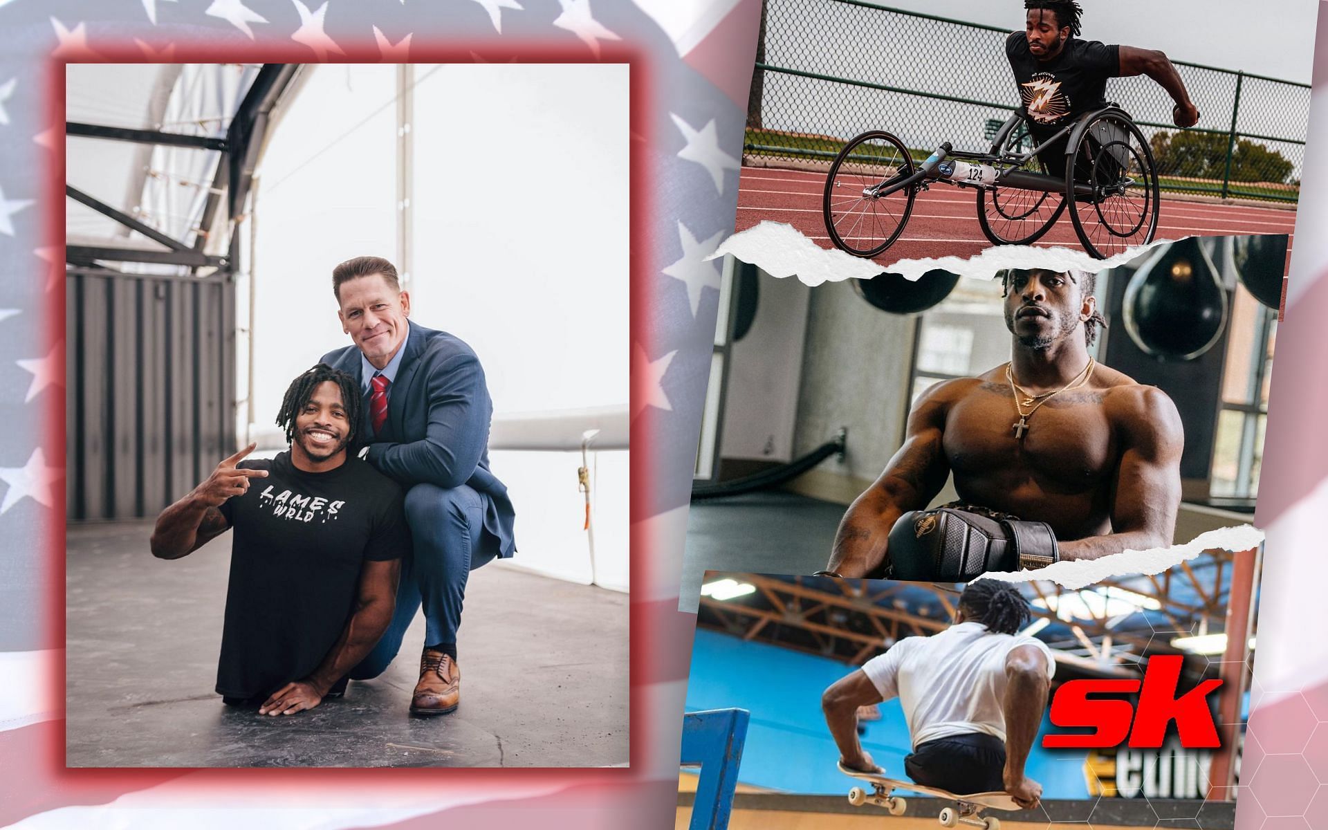 Zion Clark poses with John Cena; Zion Clark wheelchair racing, boxing, skating
