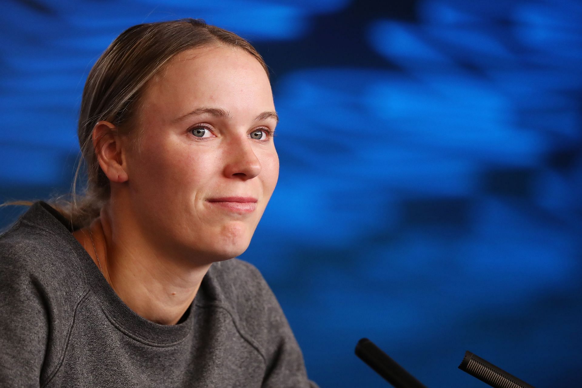 Caroline Wozniacki pictured during a press conference at the 2020 Australian Open