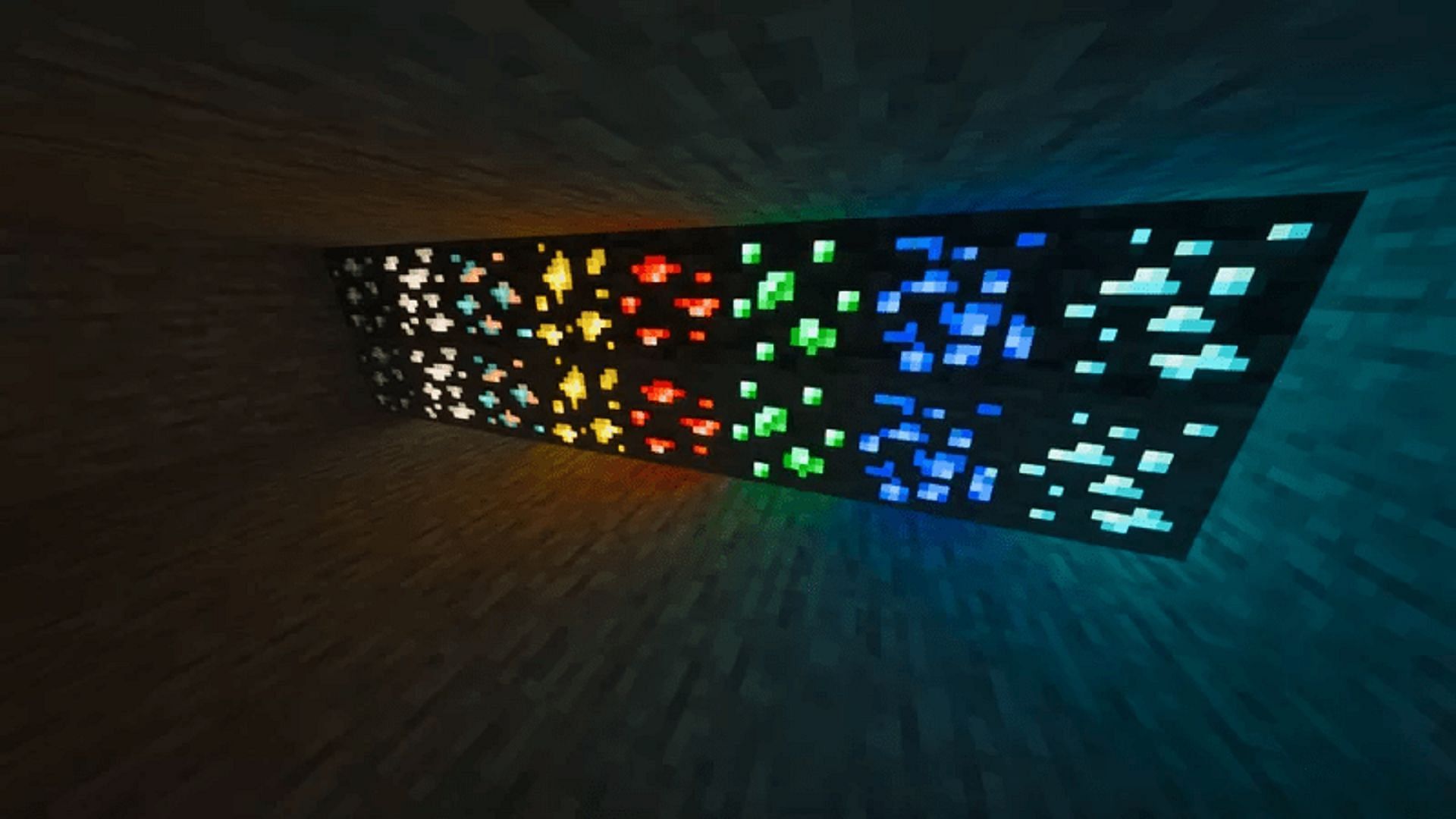 A glowing ore texture pack in Minecraft using SEUS shaders (Image via Soapywait/Planet Minecraft)