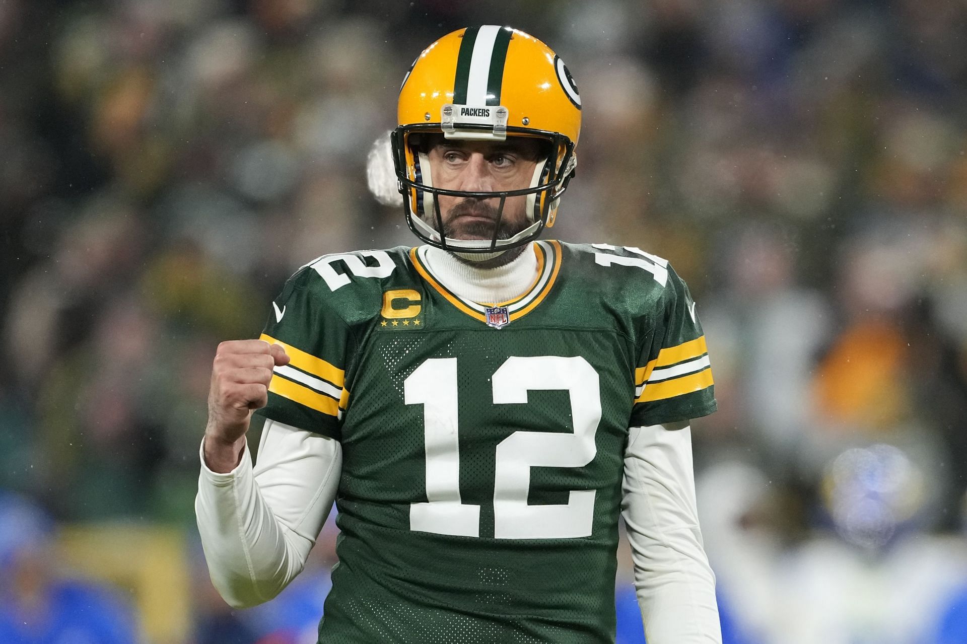 Aaron Rodgers at the Los Angeles Rams v Green Bay Packers game