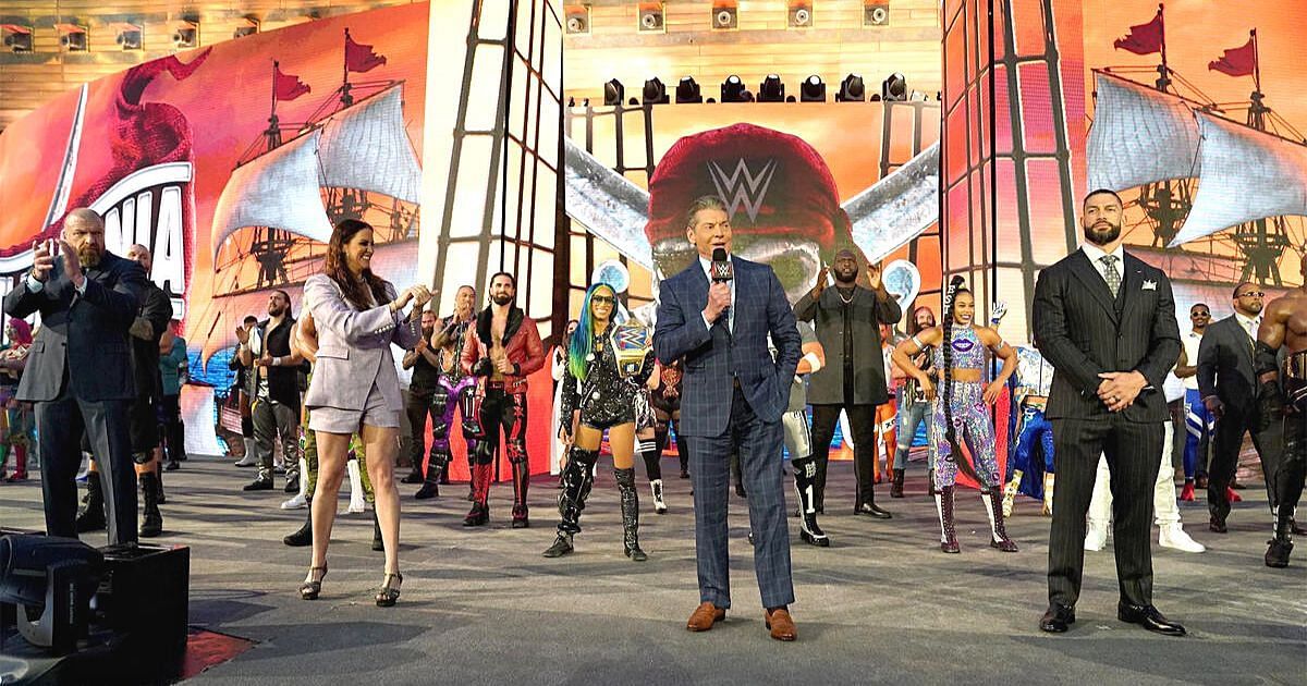 Vince McMahon with the WWE roster at WrestleMania 37.
