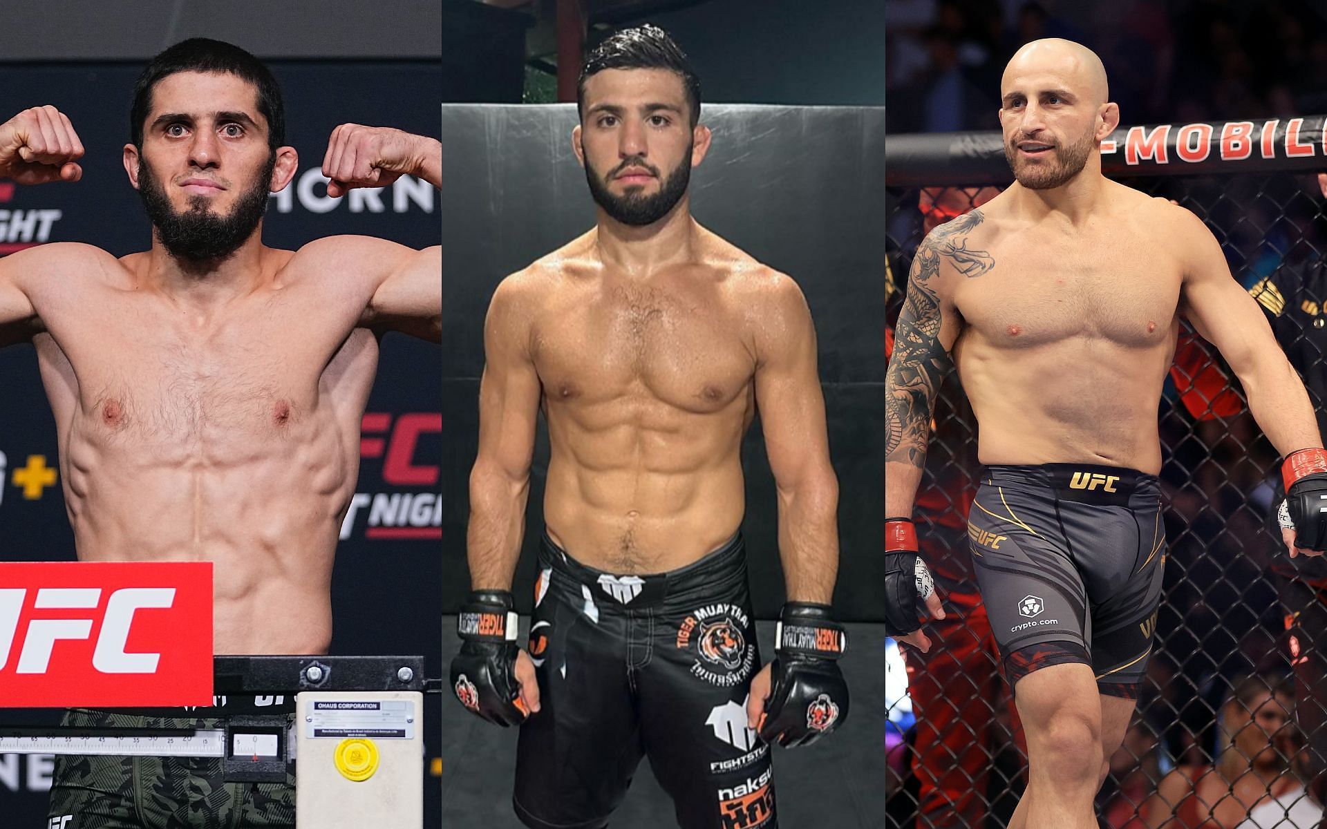 Islam Makhachev (left) Arman Tsarukyan (centre) and Alexander Volkanovski (right) [Image Courtesy: Getty Images and @arm_011 on Instagram]