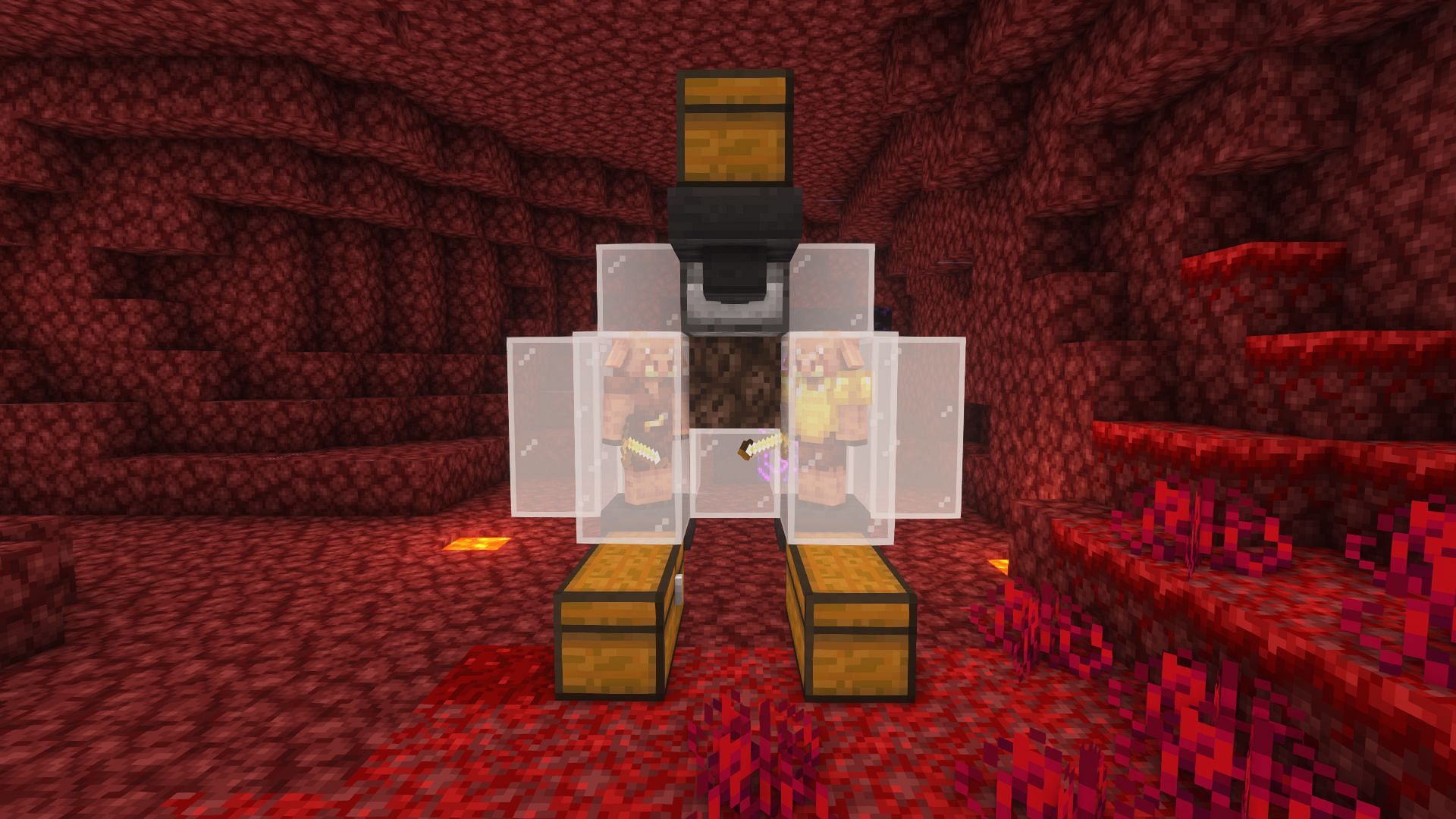 A simple piglin bartering farm with two piglins (Image via Mojang)