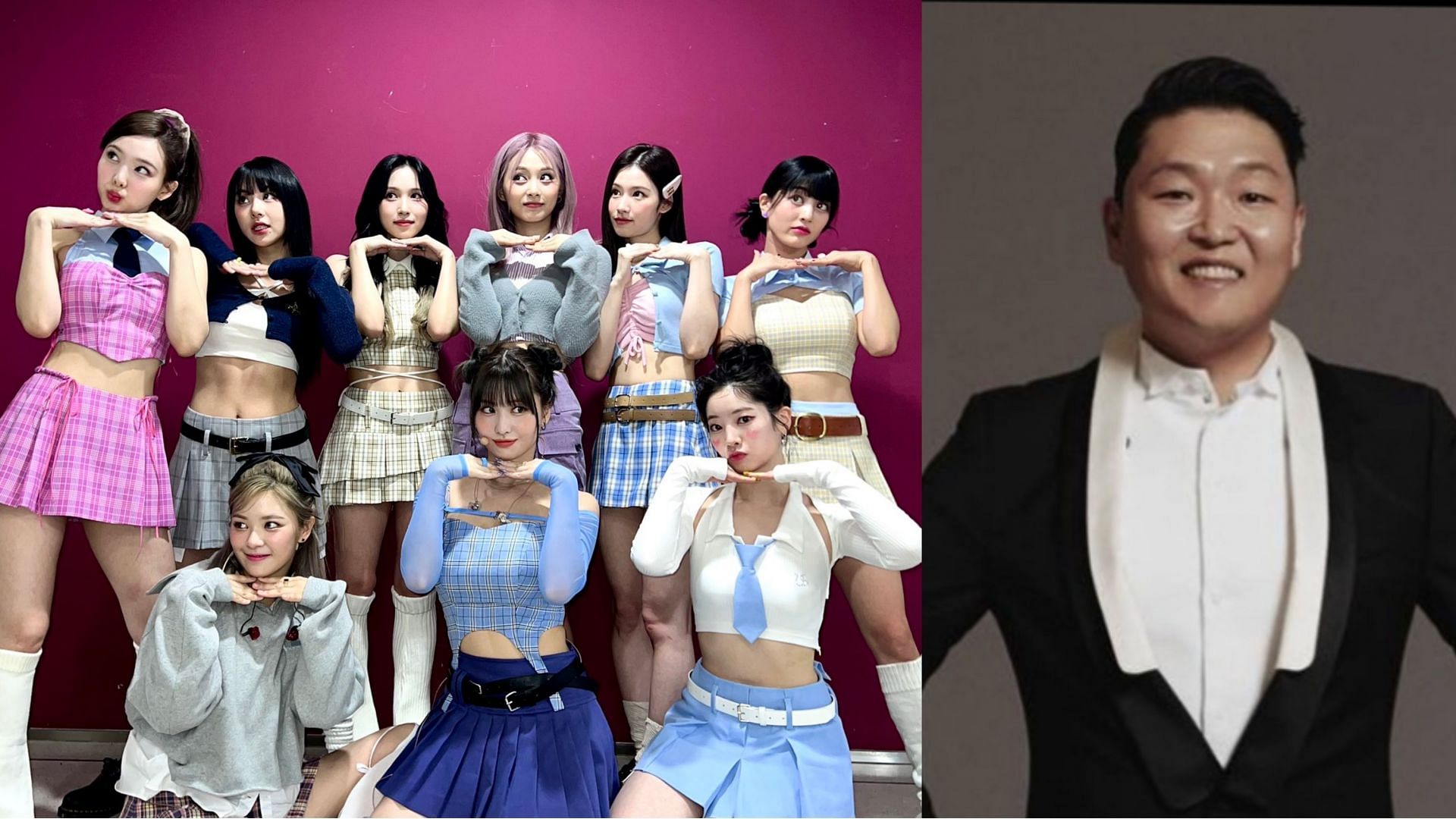 TWICE and PSY (Images via Twitter and Instagram/@JYPETWICE and @42psy42)