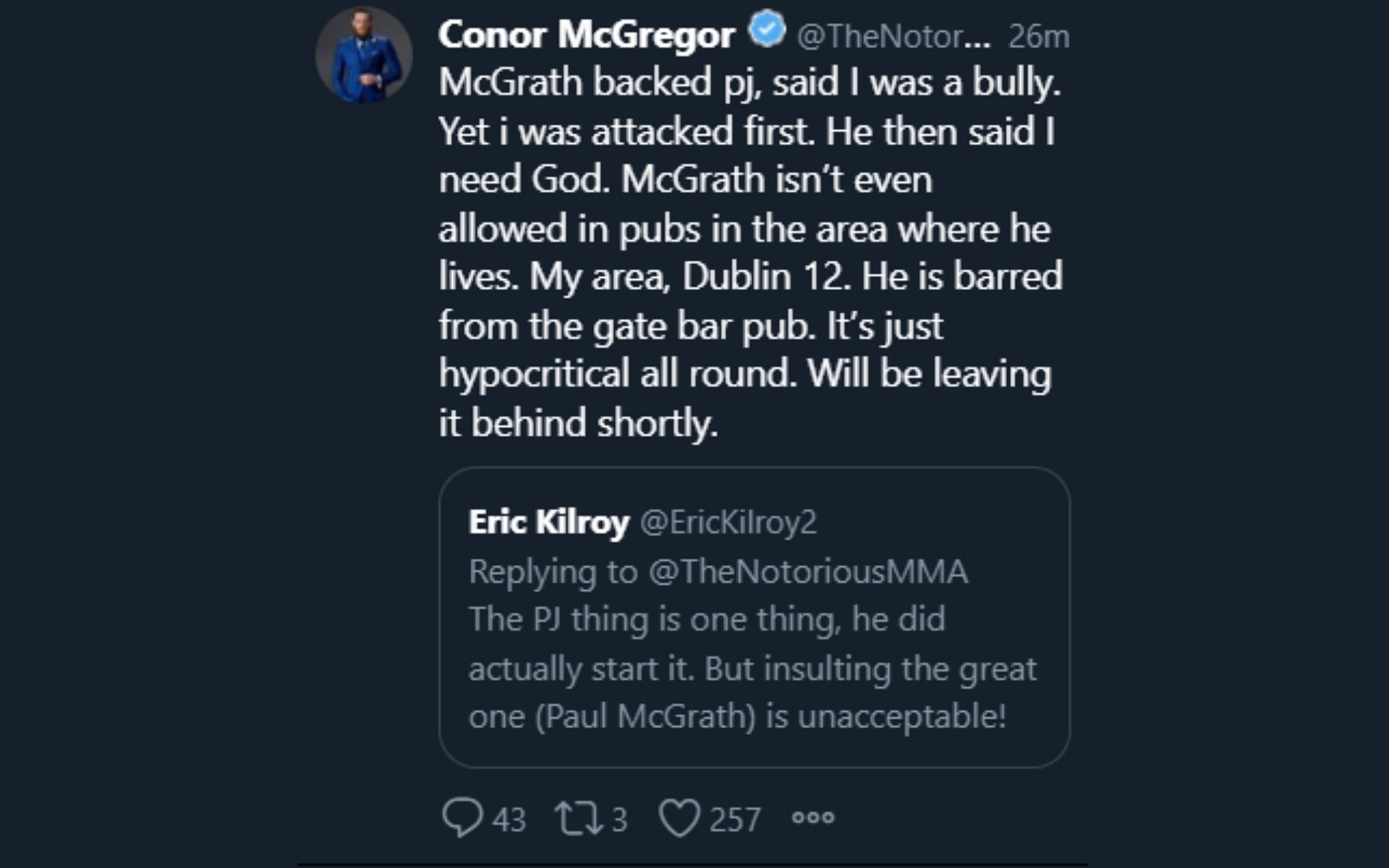 Conor McGregor&#039;s reply to a Twitter user defending Paul McGrath [Image courtesy: @TheNotoriousMMA Twitter]