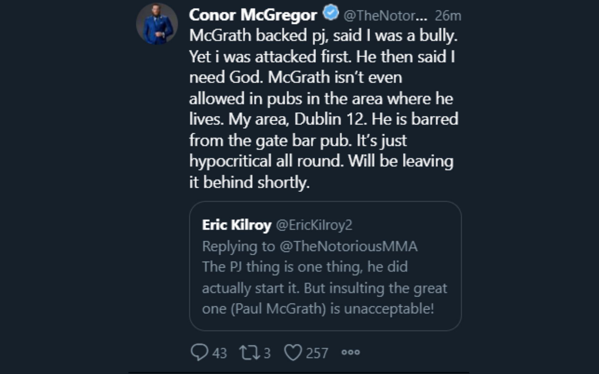 Conor McGregor's reply to a Twitter user defending Paul McGrath [Image courtesy: @TheNotoriousMMA Twitter]