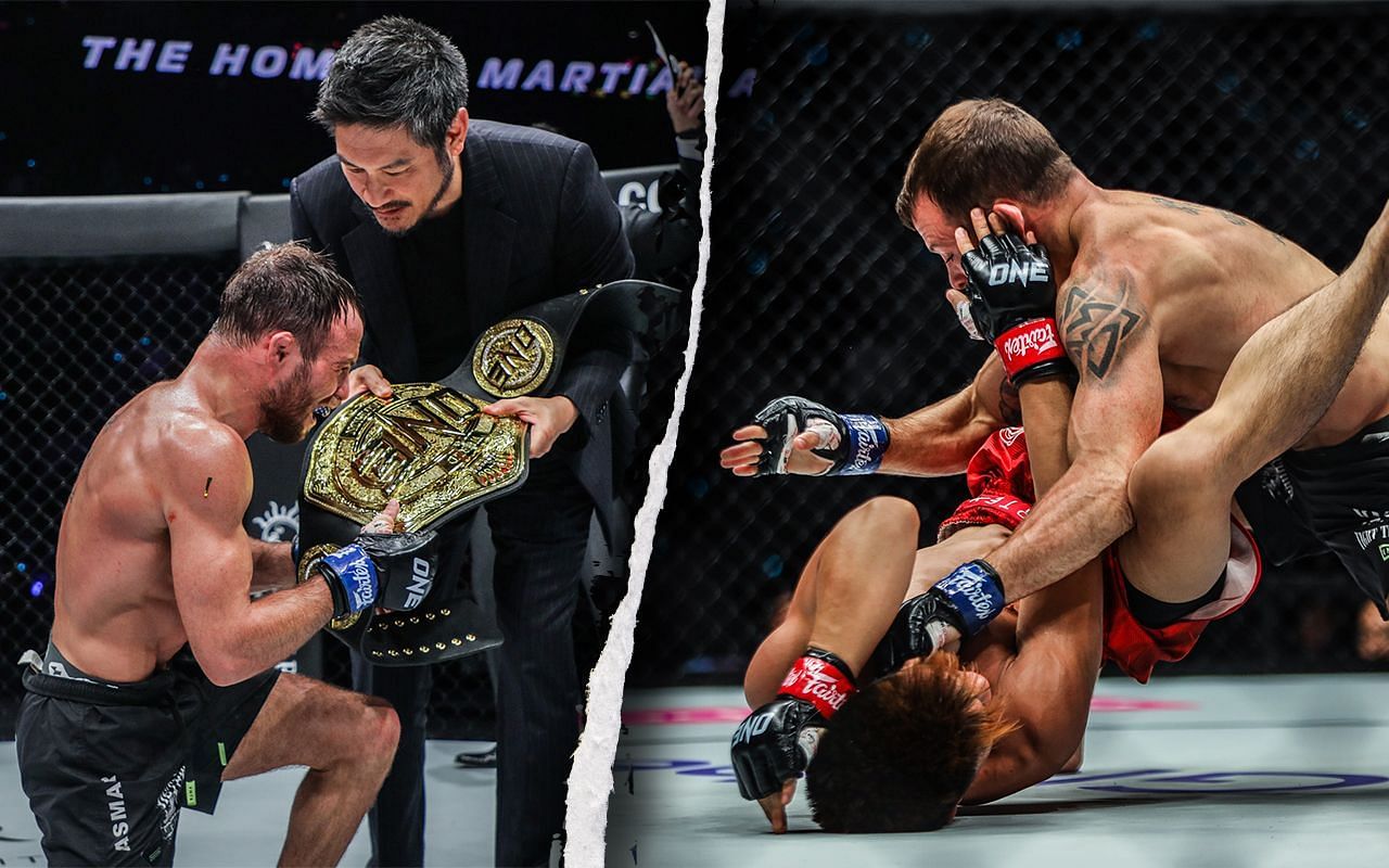 Chatri Sityodtong awarding Jarred Brooks with the ONE strawweight world title at ONE 164 [Credit: ONE Championship]