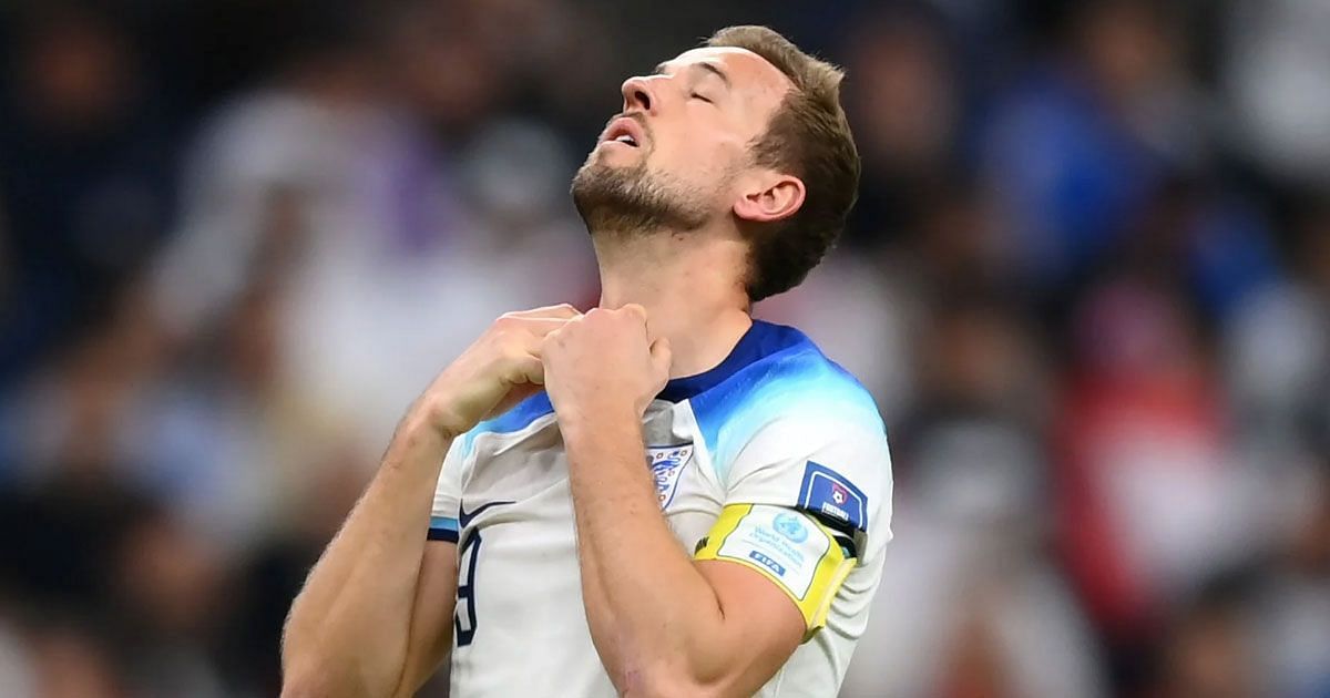 England captain Harry Kane reacts after his penalty miss against France.