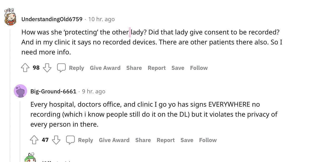 A few Reddit users point out the fact that the woman recorded the fellow patients without their approval. (Image via Reddit)