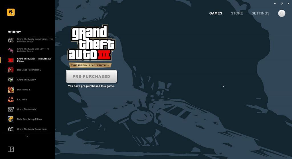 Rockstar Games Launcher with GTA Trilogy game pre-purchased (Image via RockstarGames Intel)