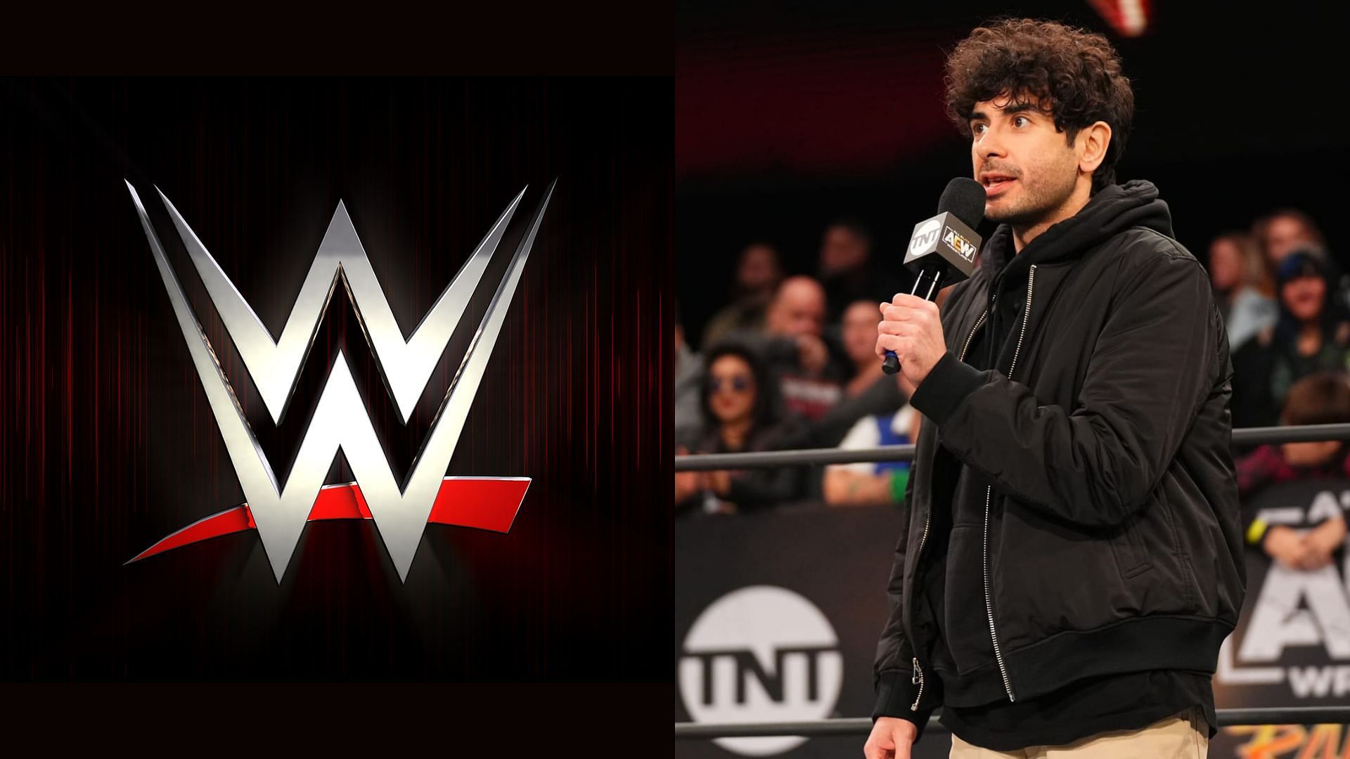 WWE logo (left), Tony Khan (right)