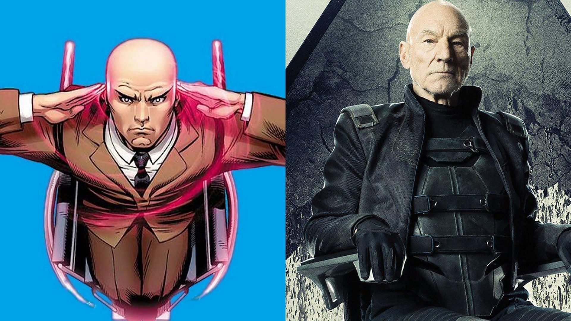 Left: Professor X in comics, Right: Professor X played by Sir Patrick Stewart in 20th Century Fox&#039;s X-Men films (Images via Marvel/20th Century Fox)