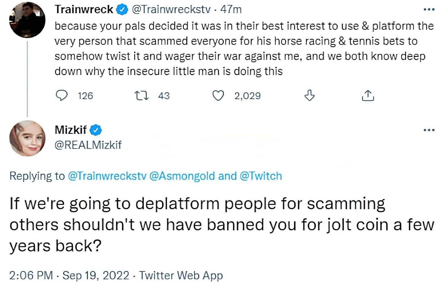 Mizkif&#039;s now-deleted tweet in response to Trainwreckstv (Image via Sportskeeda)