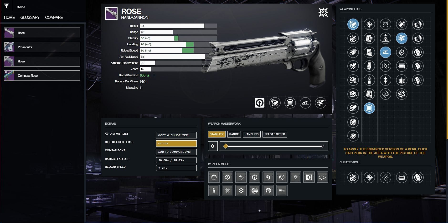 Rose Hand Cannon god roll for PvE (Image via Destiny 2 Gunsmith)