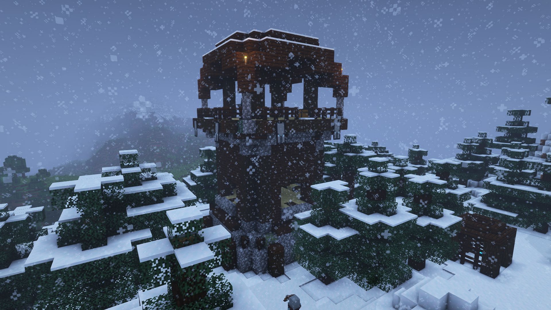 A pillager outpost with a cage in a snowy biome (Image via Mojang)