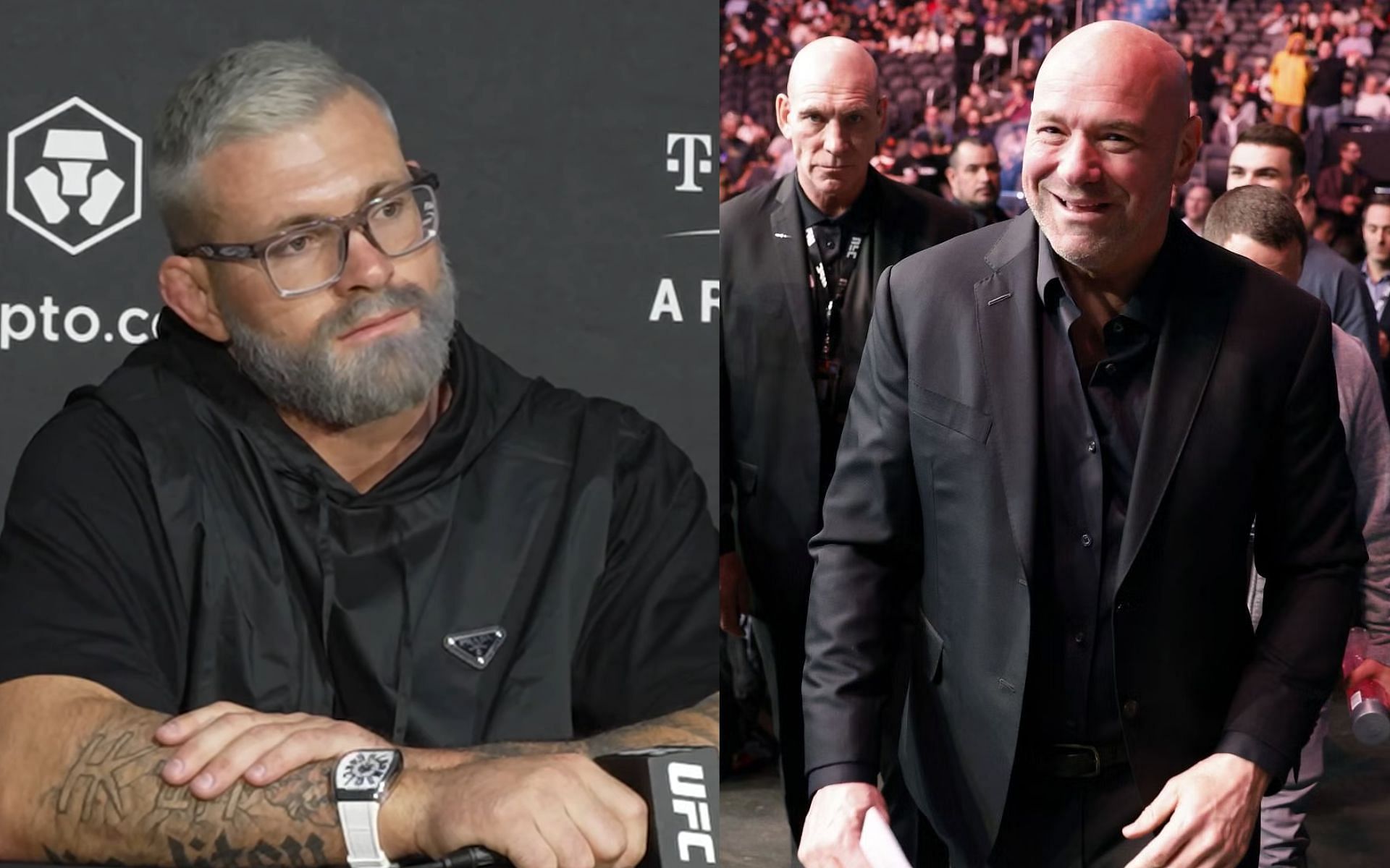 Gordon Ryan (left) [Image courtesy: @mmajunkie on YouTube] and Dana White at UFC 282 (right)