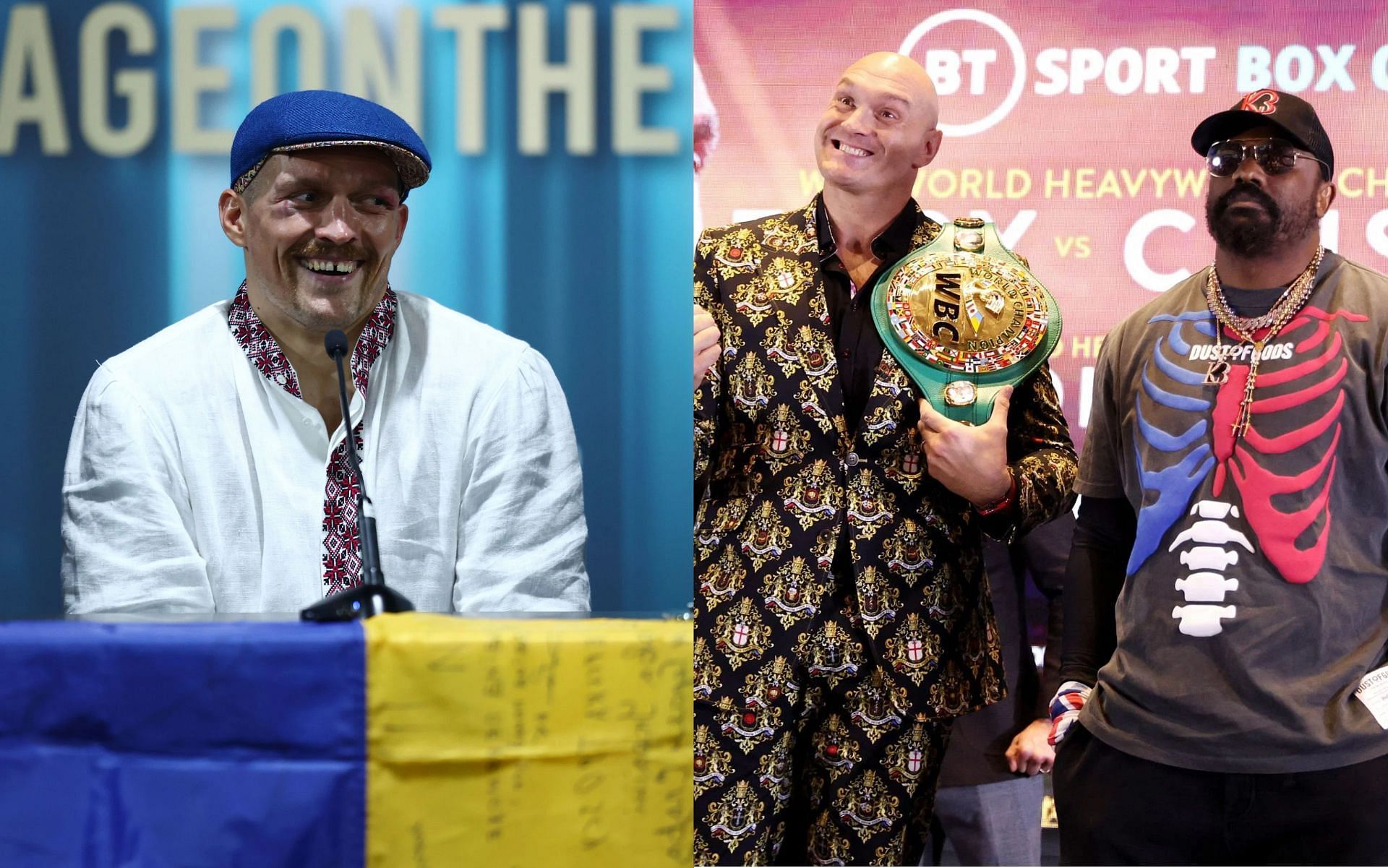 Oleksandr Usyk (L), and Tyson Fury and Derek Chisora (R).