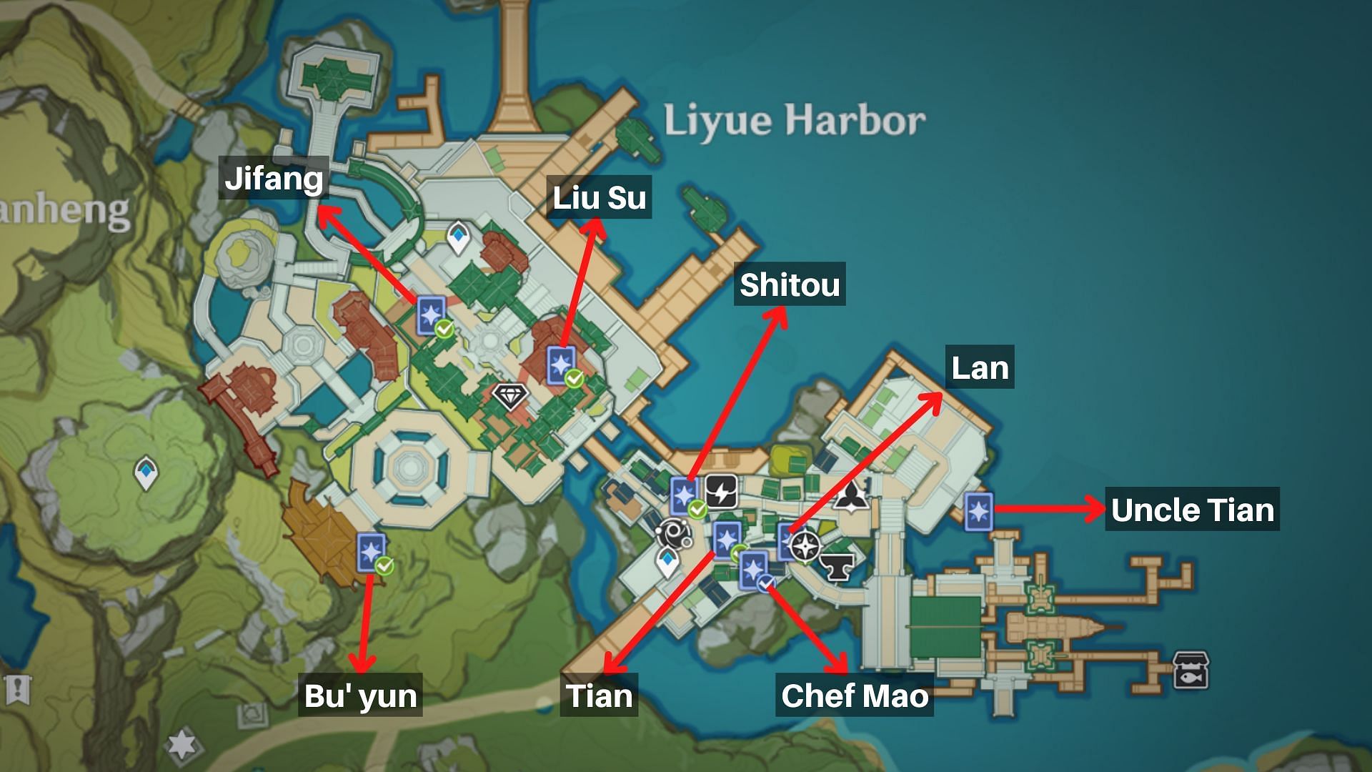 Locations of all Liyue NPCs for Genius Invokation TCG (Image via HoYoverse)