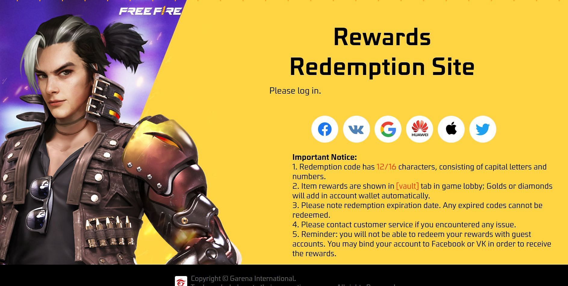 Six distinct login options are offered on the Rewards Redemption Site (Image via Garena)