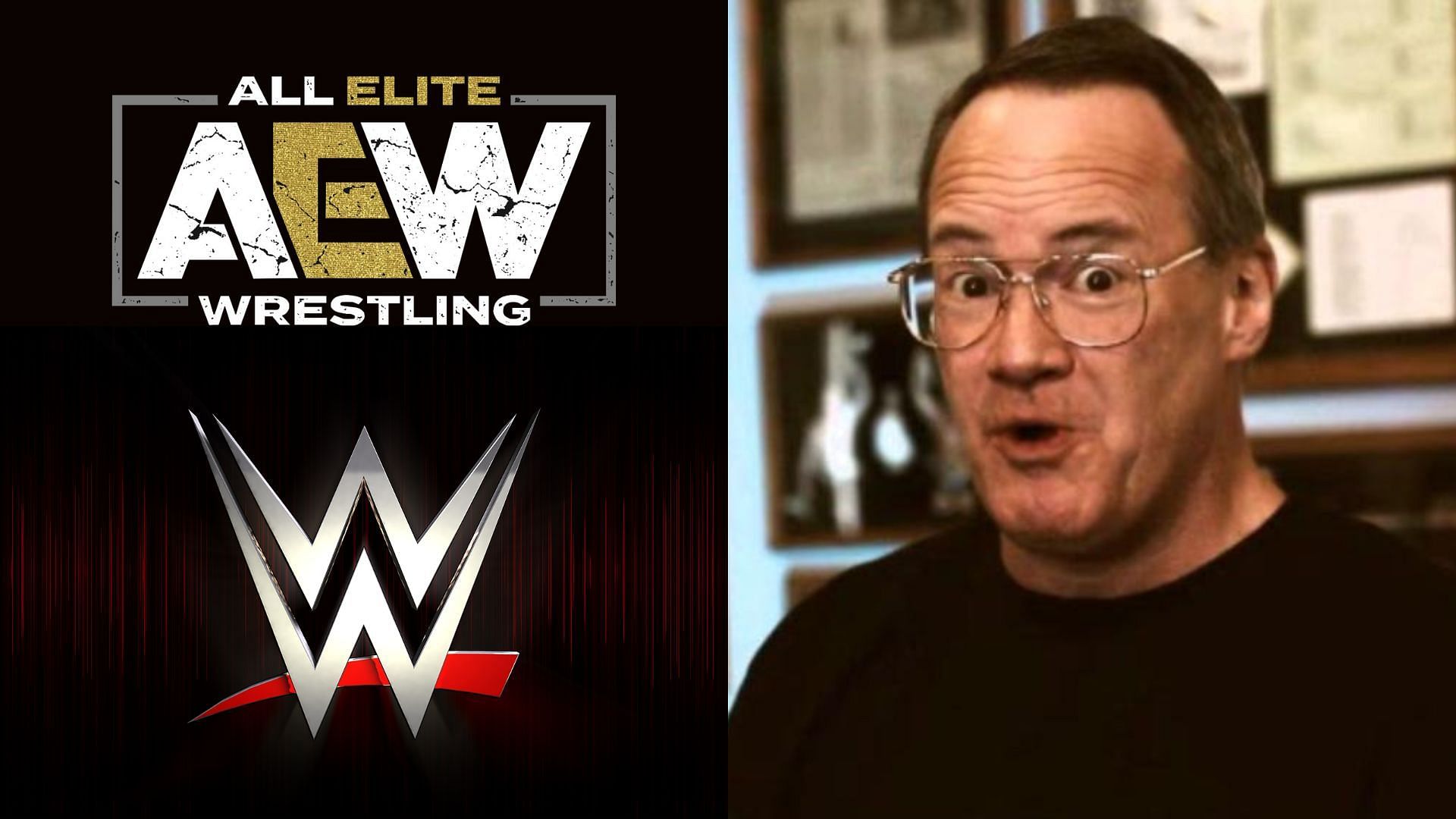 AEW and WWE logo (left), Jim Cornette (right)