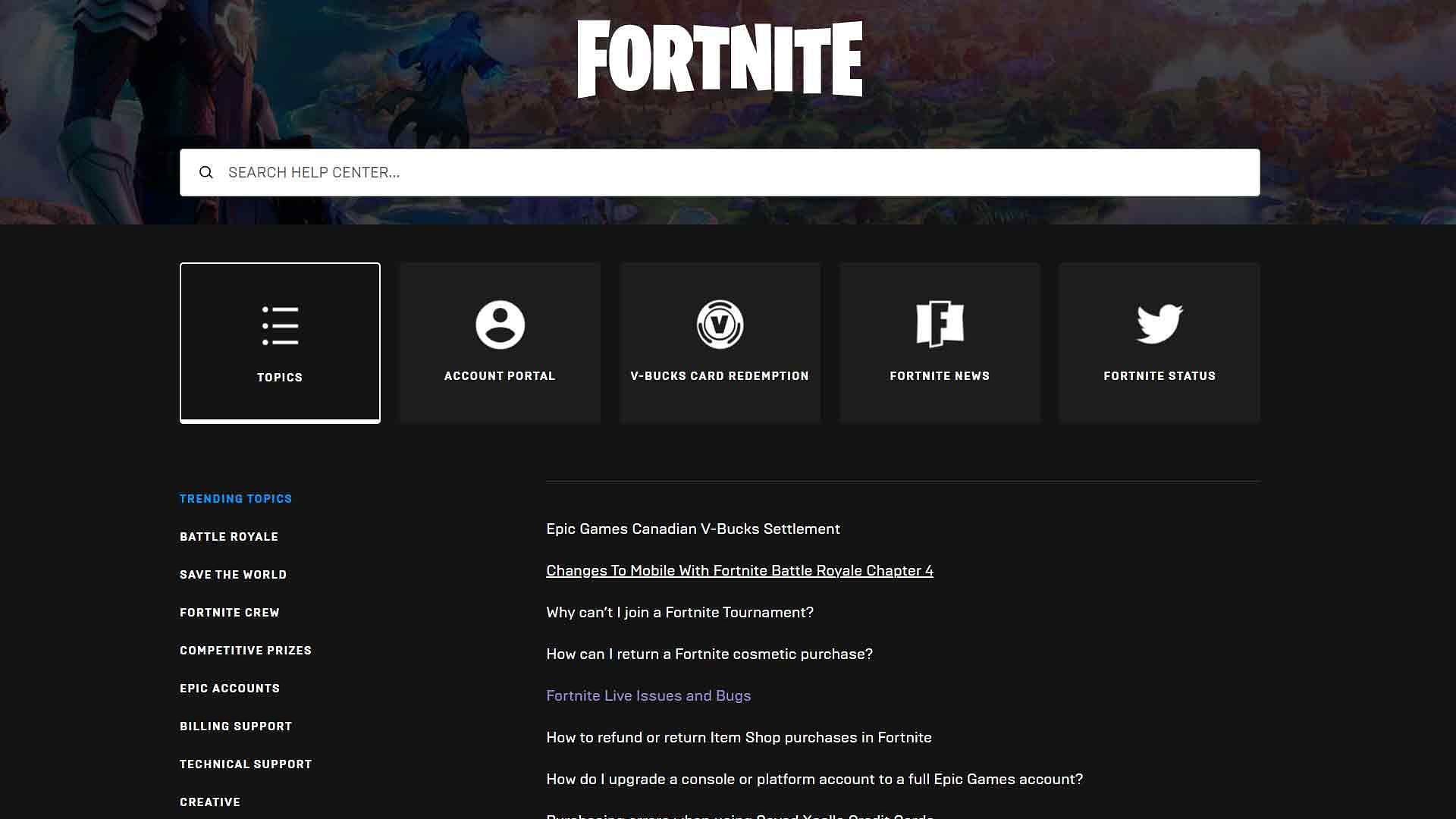 To receive help with Fortnite, select the topic from the list (Image via Epic Games)