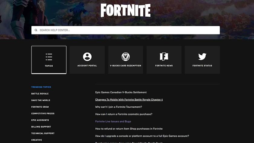 To receive help with Fortnite, select the topic from the list (Image via Epic Games)