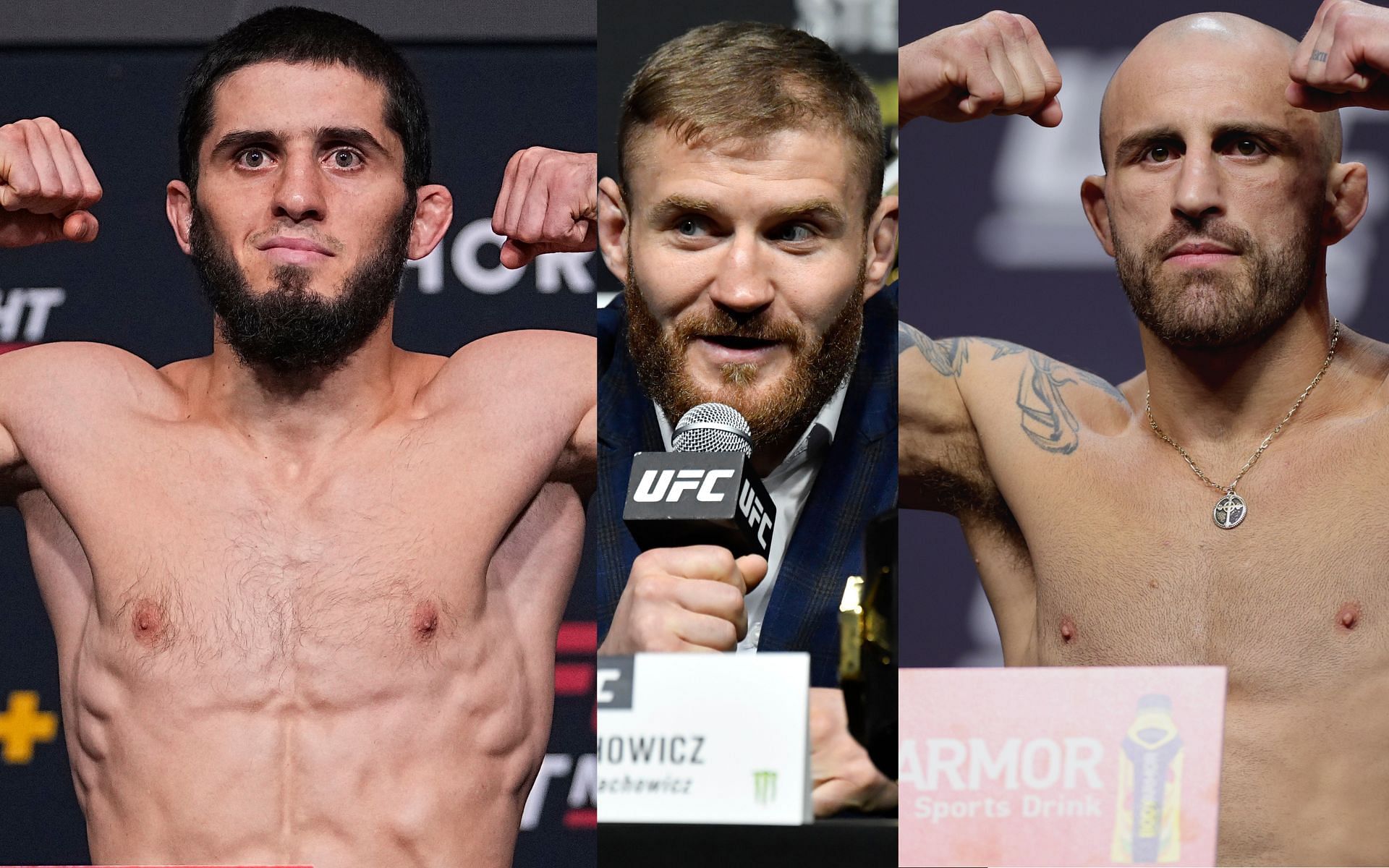 Islam Makhachev (left), Jan Blachowicz (center), and Alexander Volkanovski (right). [Images courtesy: Getty Images]