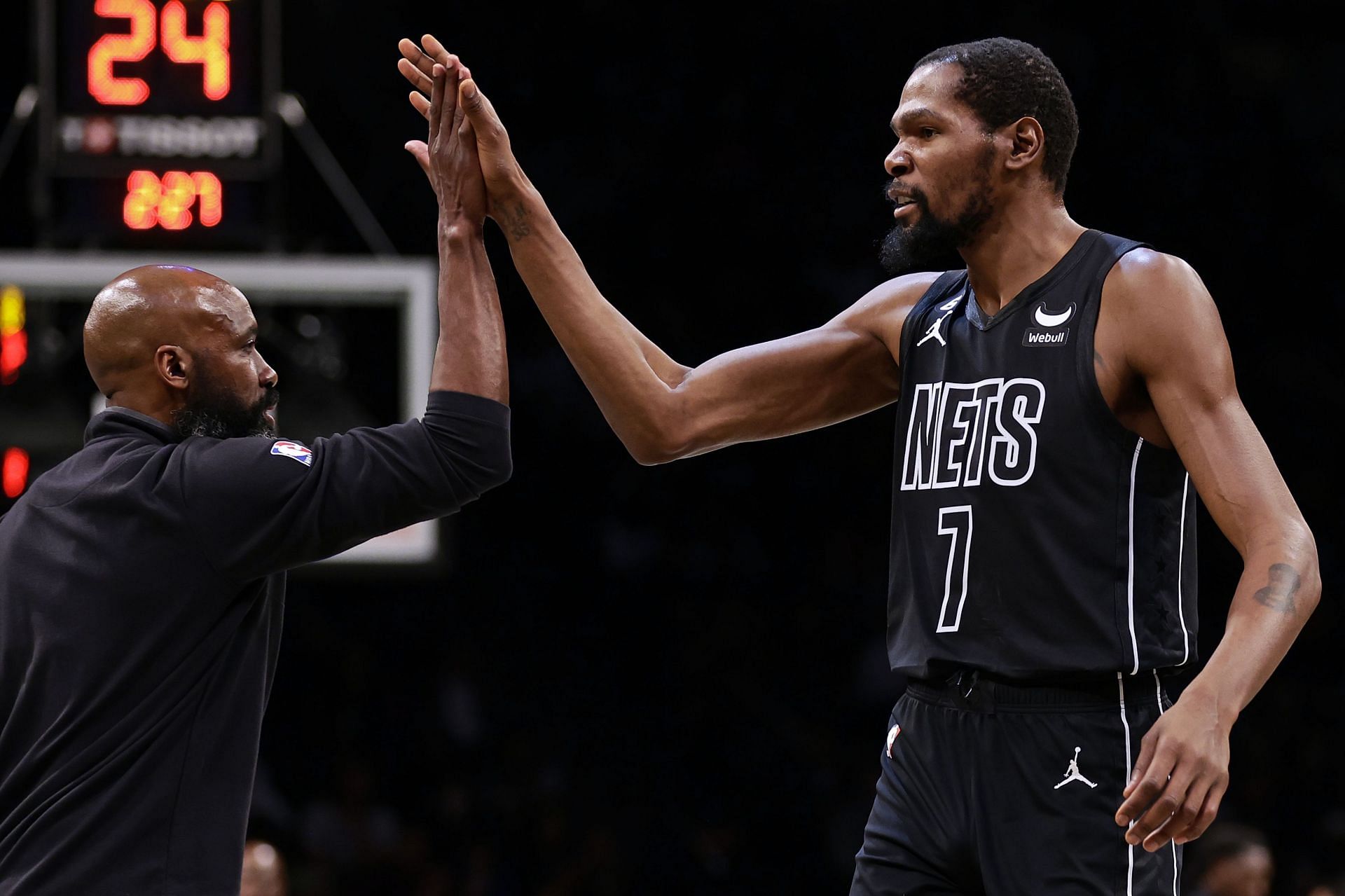 Brooklyn Nets coach Jacque Vaughn and superstar forward Kevin Durant